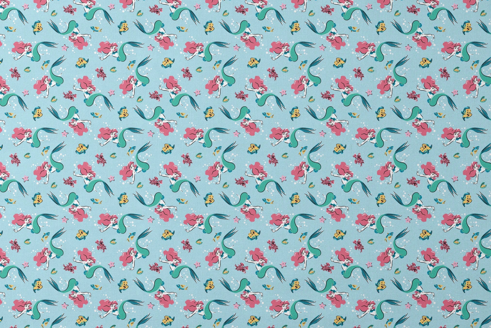 Underwater pattern with colorful mermaids, tropical fish, crabs, and starfish on light blue background designs flat mockup