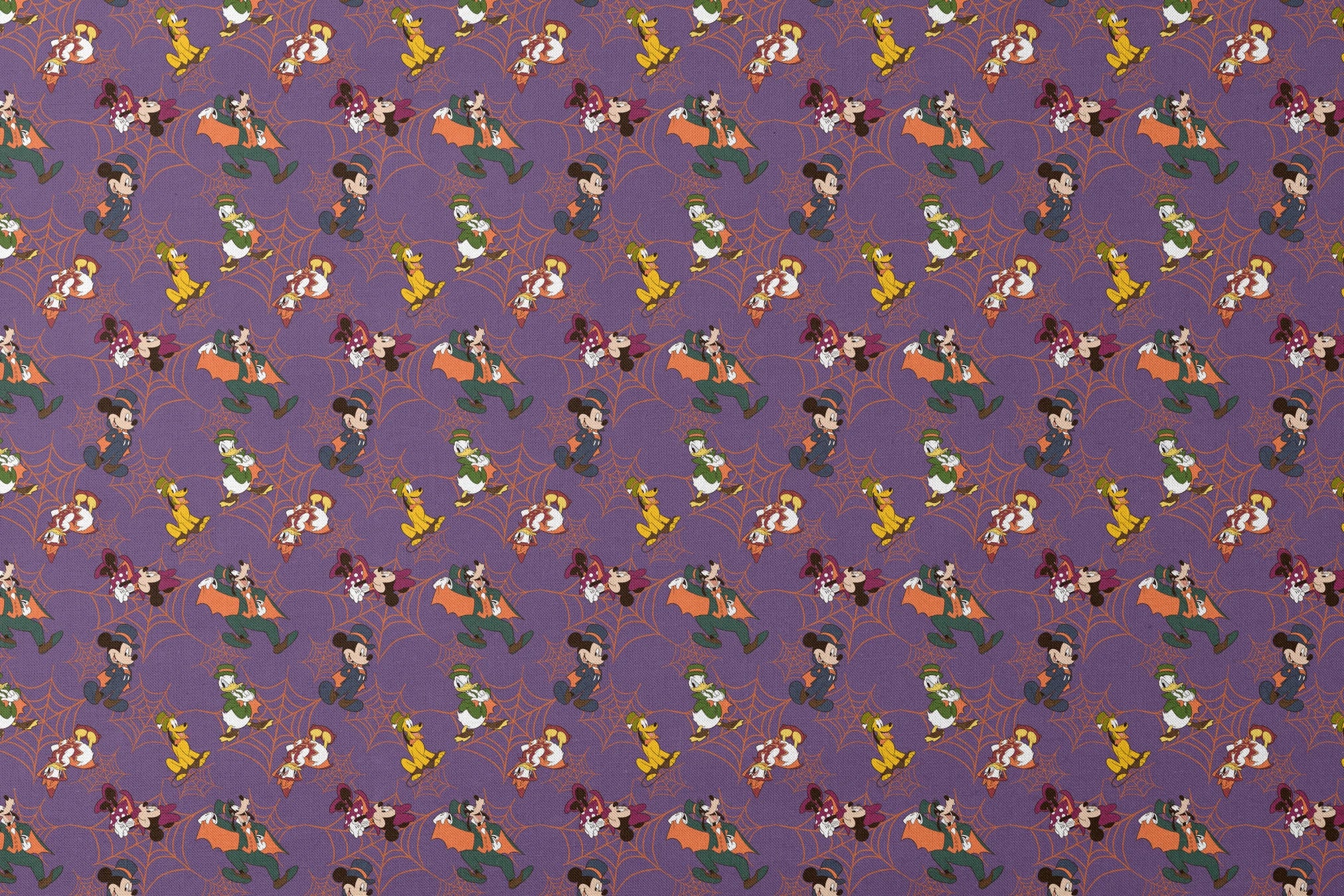 Disney cartoon characters in Halloween costumes on purple background with orange spider webs designs flat mockup