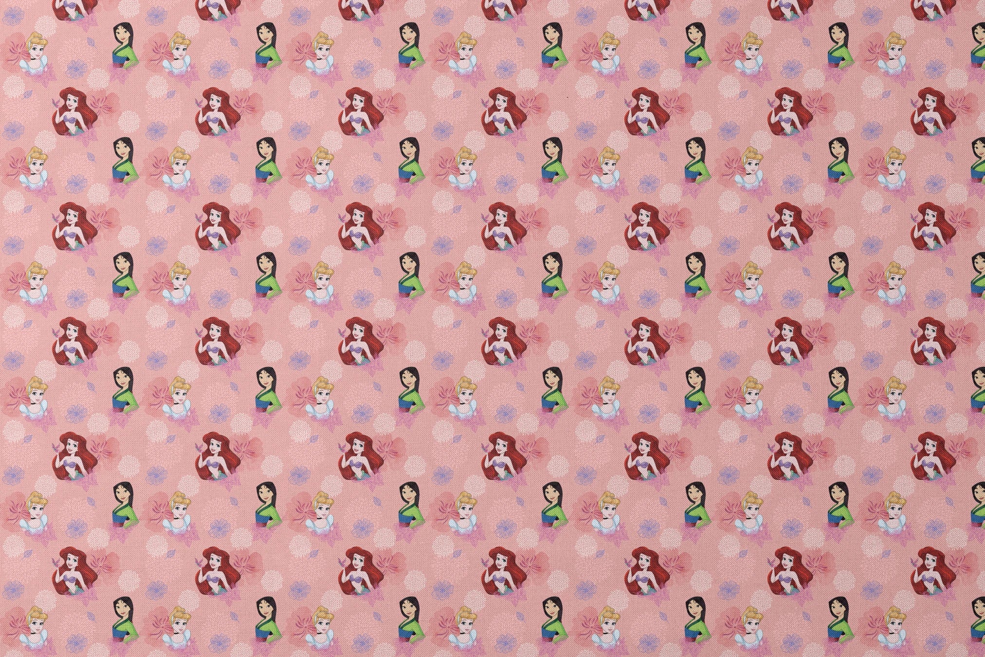 Disney princess characters on pink floral background with delicate flower patterns designs flat mockup