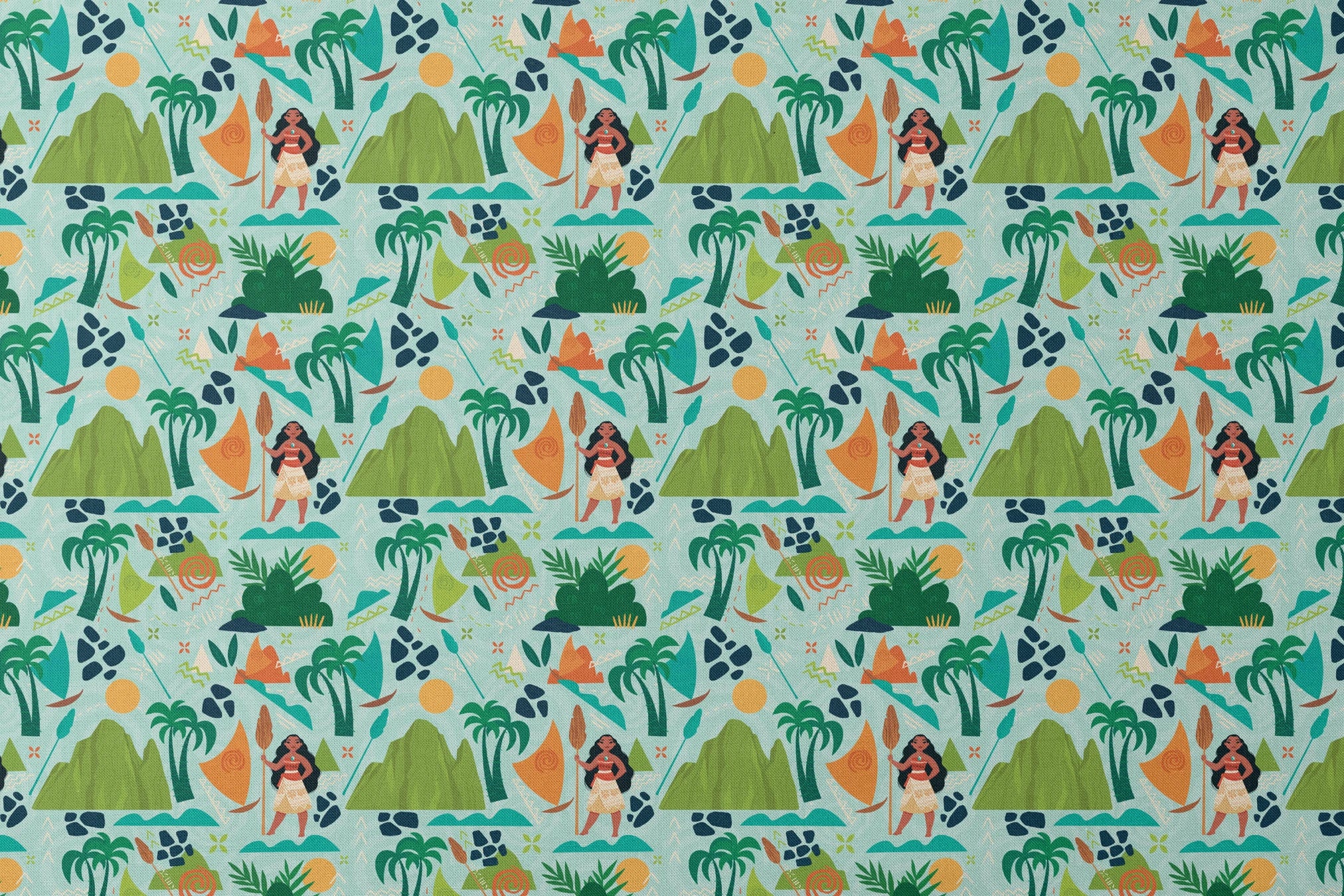 Tropical pattern with palm trees, mountains, sailboats and Polynesian-inspired motifs on mint green designs flat mockup