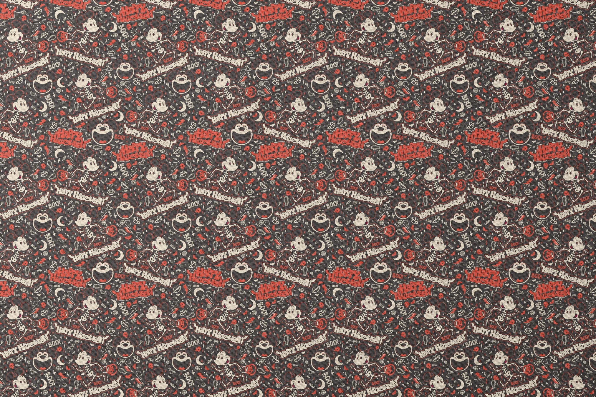Mickey Mouse Halloween pattern with bats, pumpkins, and "Happy Halloween" text on dark background designs flat mockup