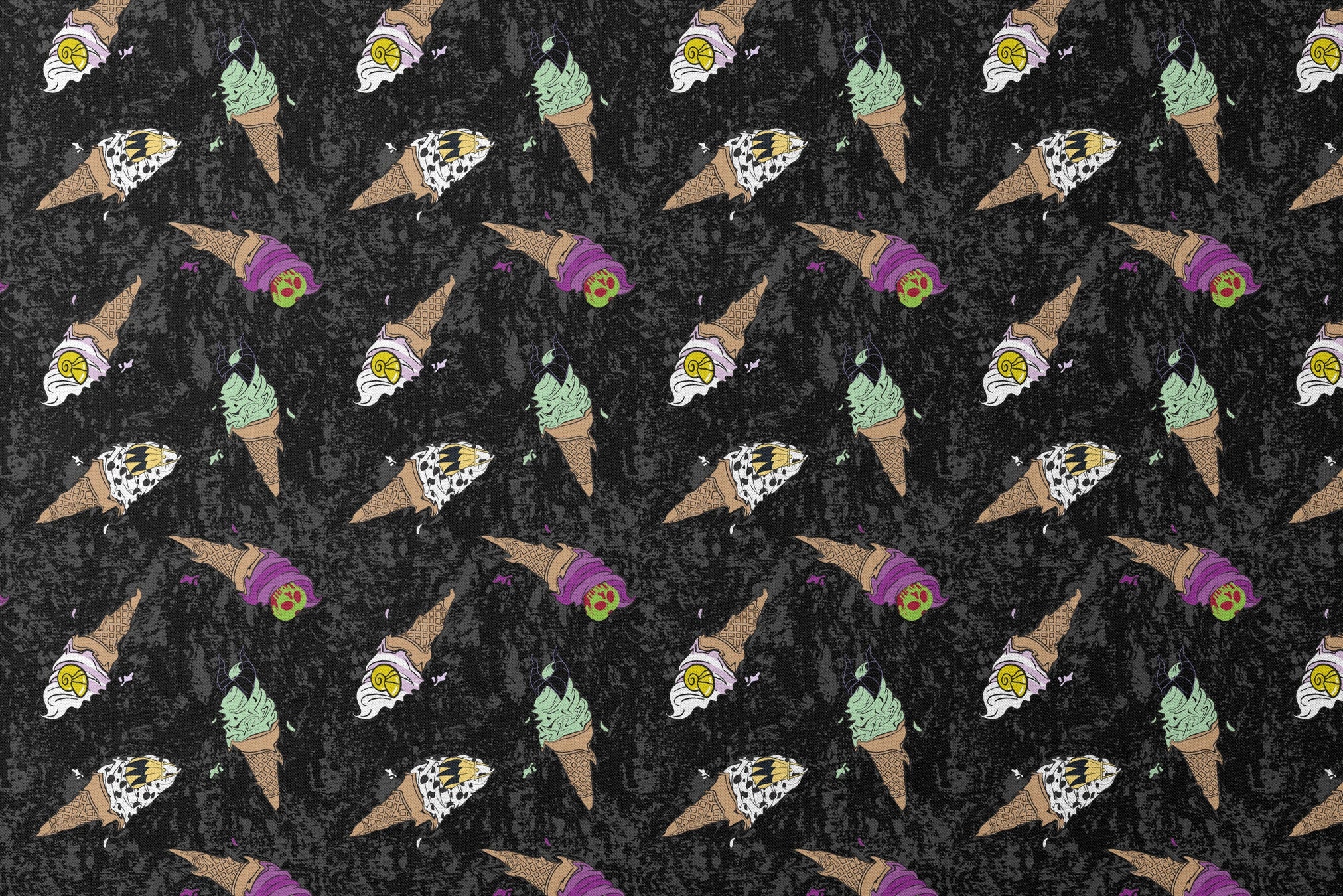 Disney Villain-inspired ice cream cones on black background designs flat mockup