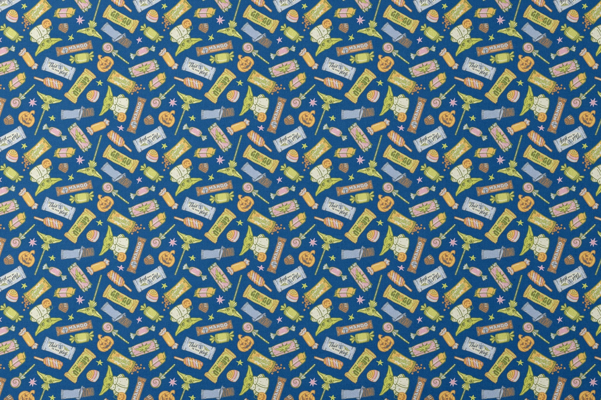 Colorful candy pattern with wrapped sweets, lollipops, and treats on dark blue background designs flat mockup