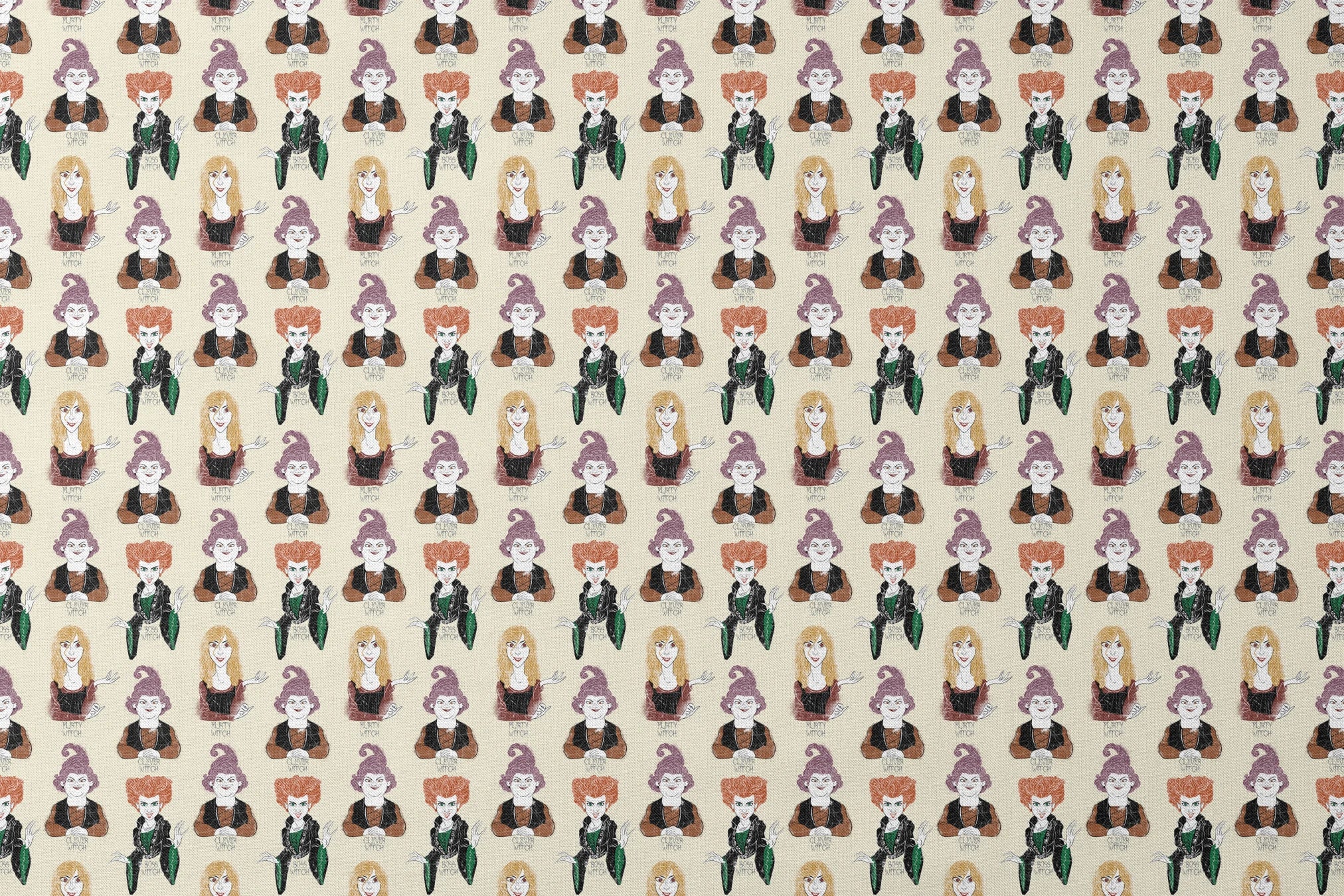 Pattern of illustrated witch characters with different styling - purple hat witch, green-dressed witch, and blonde witch with varying colors and poses designs flat mockup