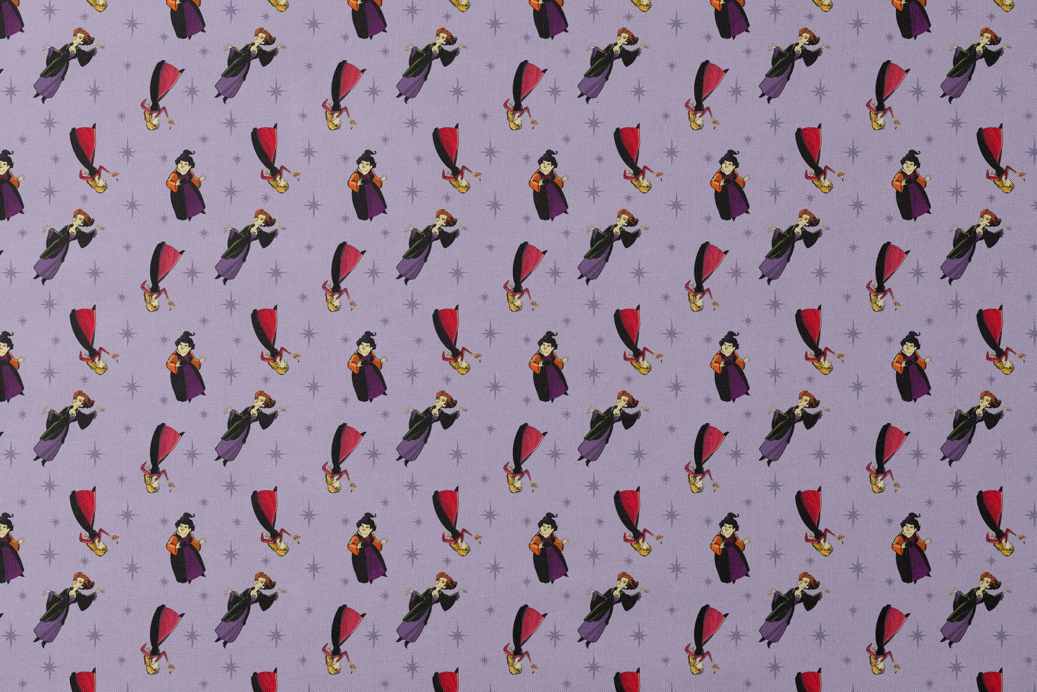 Purple background with cartoon characters in flowing capes and dresses with stars pattern, repeating decorative design designs flat mockup