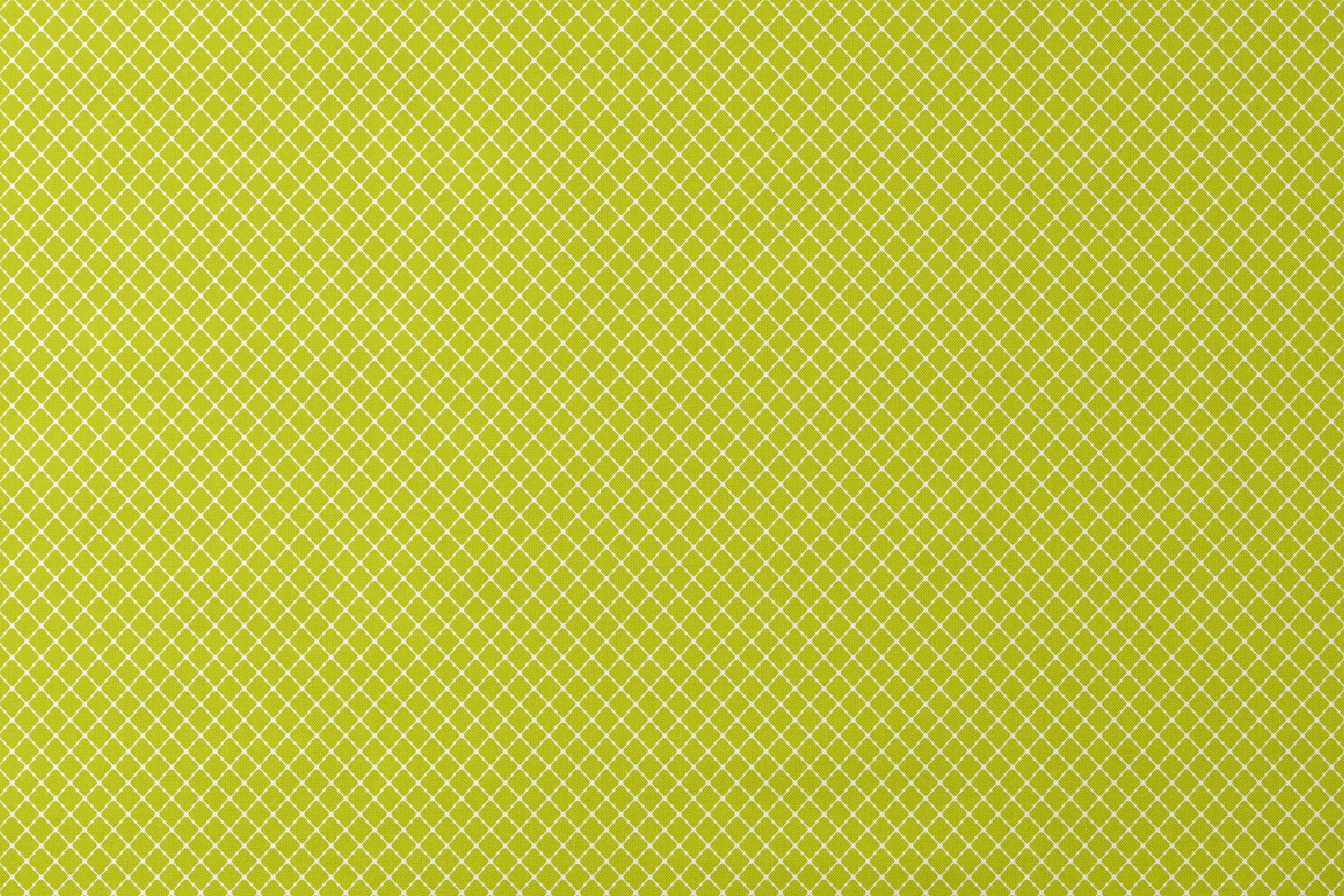 Chartreuse green quatrefoil pattern on white background, forming a geometric lattice design designs flat mockup