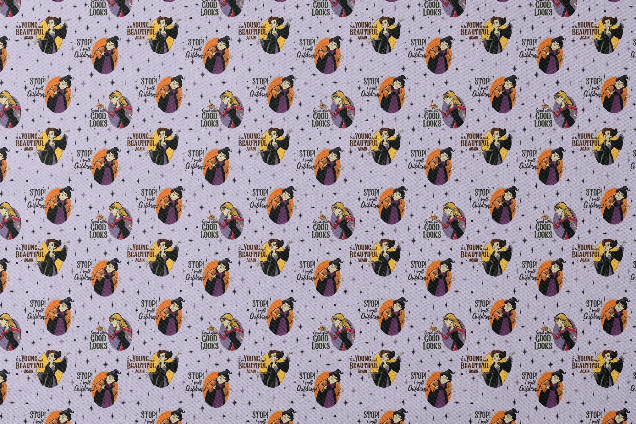 Disney villains pattern with circular portraits on purple starry background featuring animated characters and quote catchphrases designs flat mockup