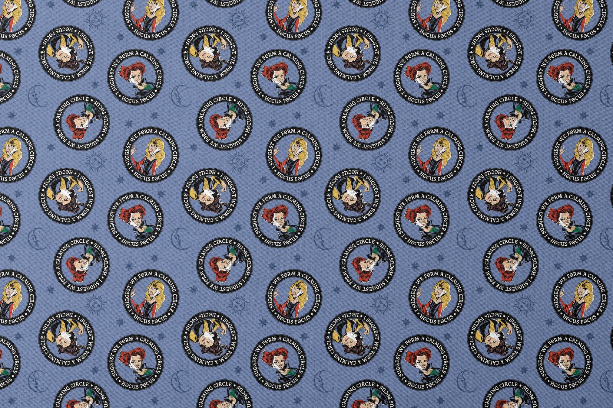 Cartoon witches in circular emblems with "Hocus Pocus" text on blue background with stars designs flat mockup