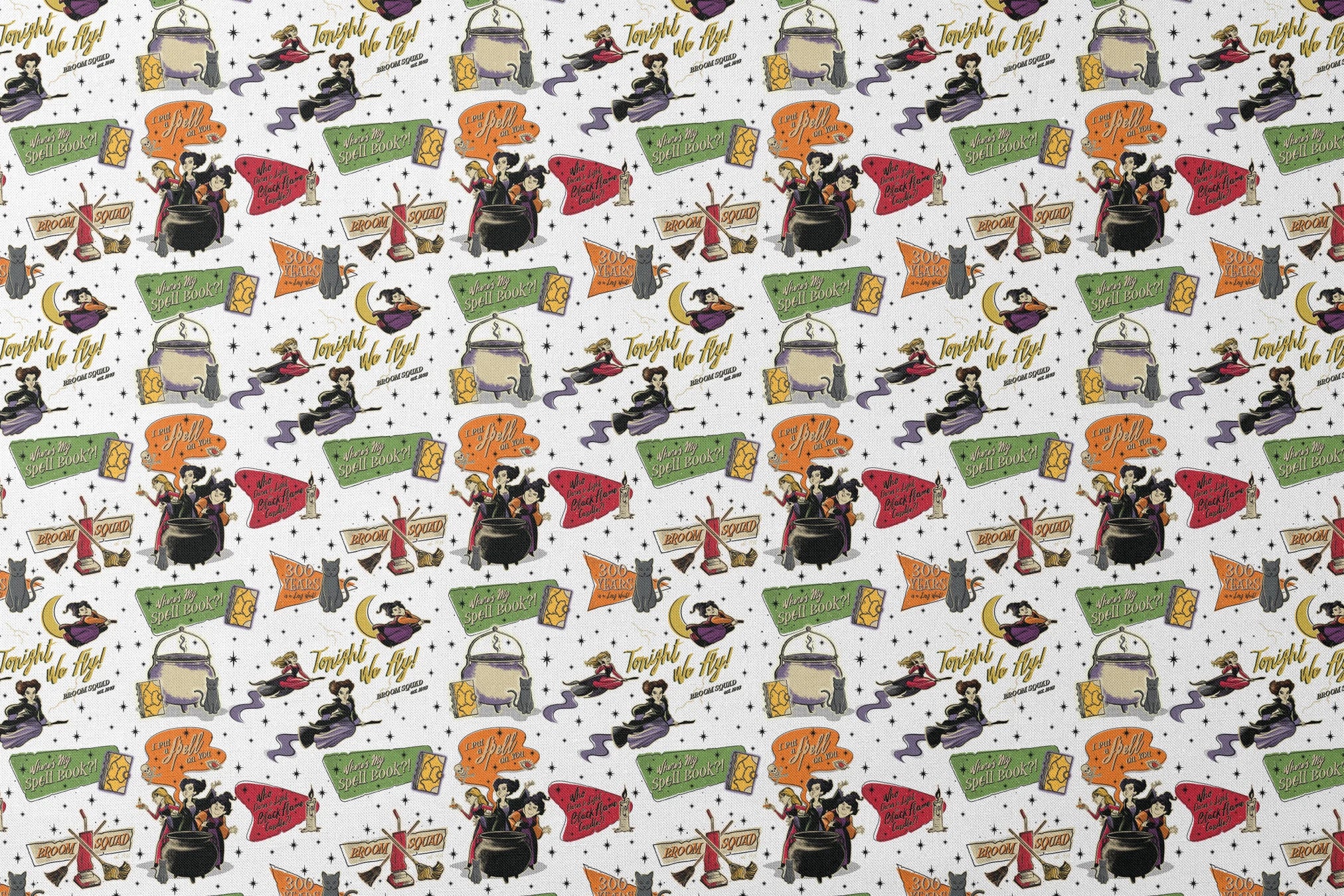 Halloween witch-themed pattern with spell books, cauldrons, brooms, stars, cats, potions and magical sayings on white background designs flat mockup