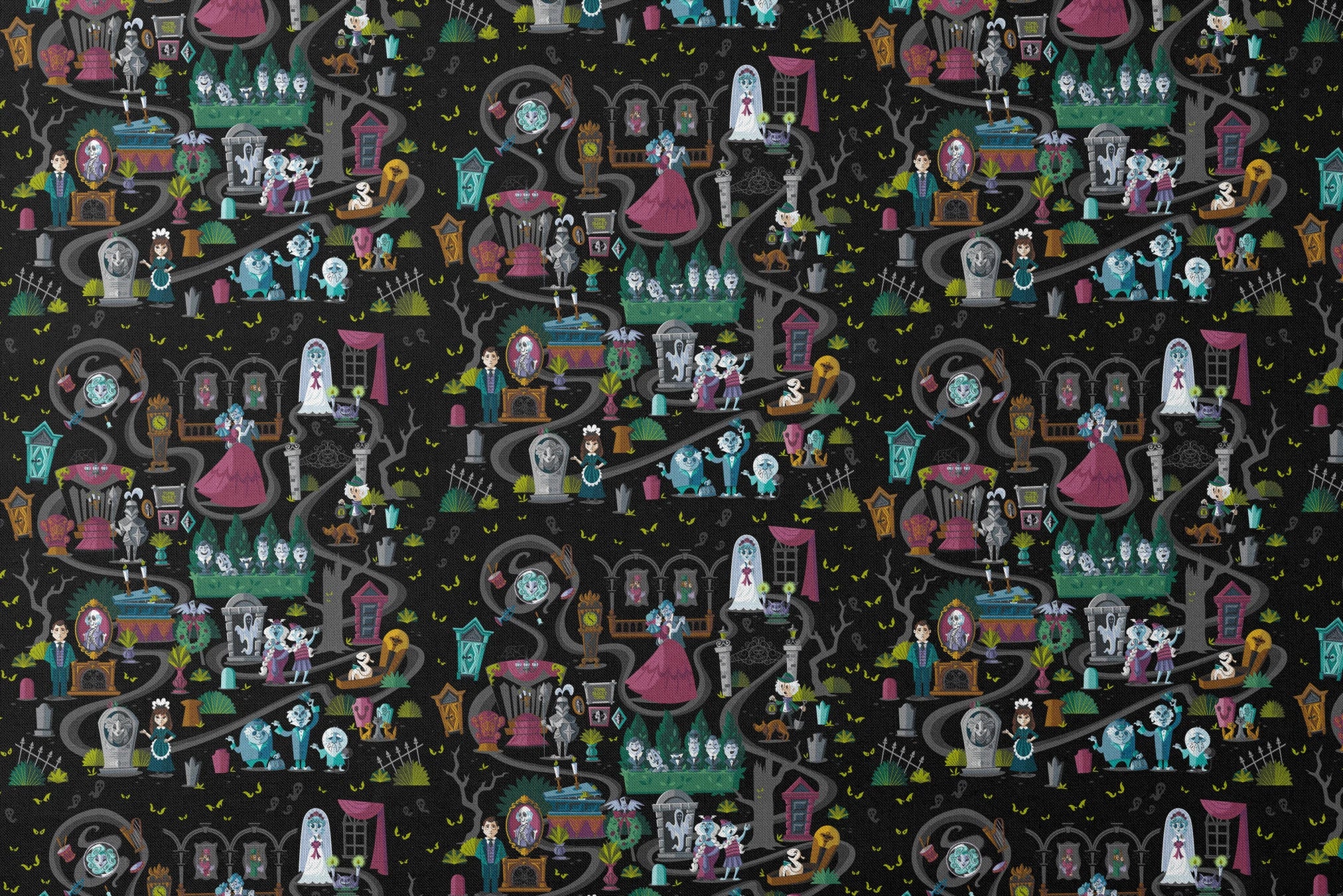 Dark background collage of colorful haunted house elements with ghosts, skeletons, potion bottles, and spooky characters in a whimsical pattern designs flat mockup