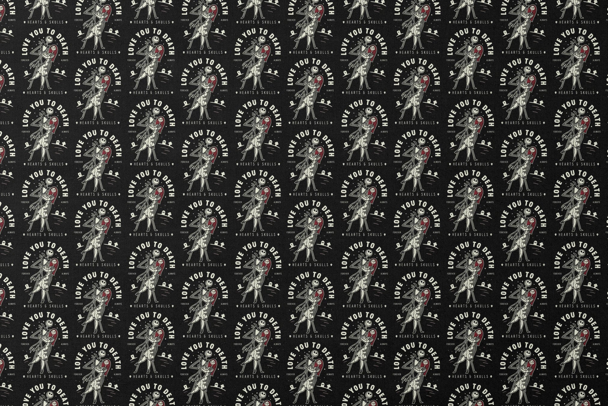 Repeating pattern of skeletal figures holding red hearts with "LOVE YOU TO DEATH" text on black background designs flat mockup