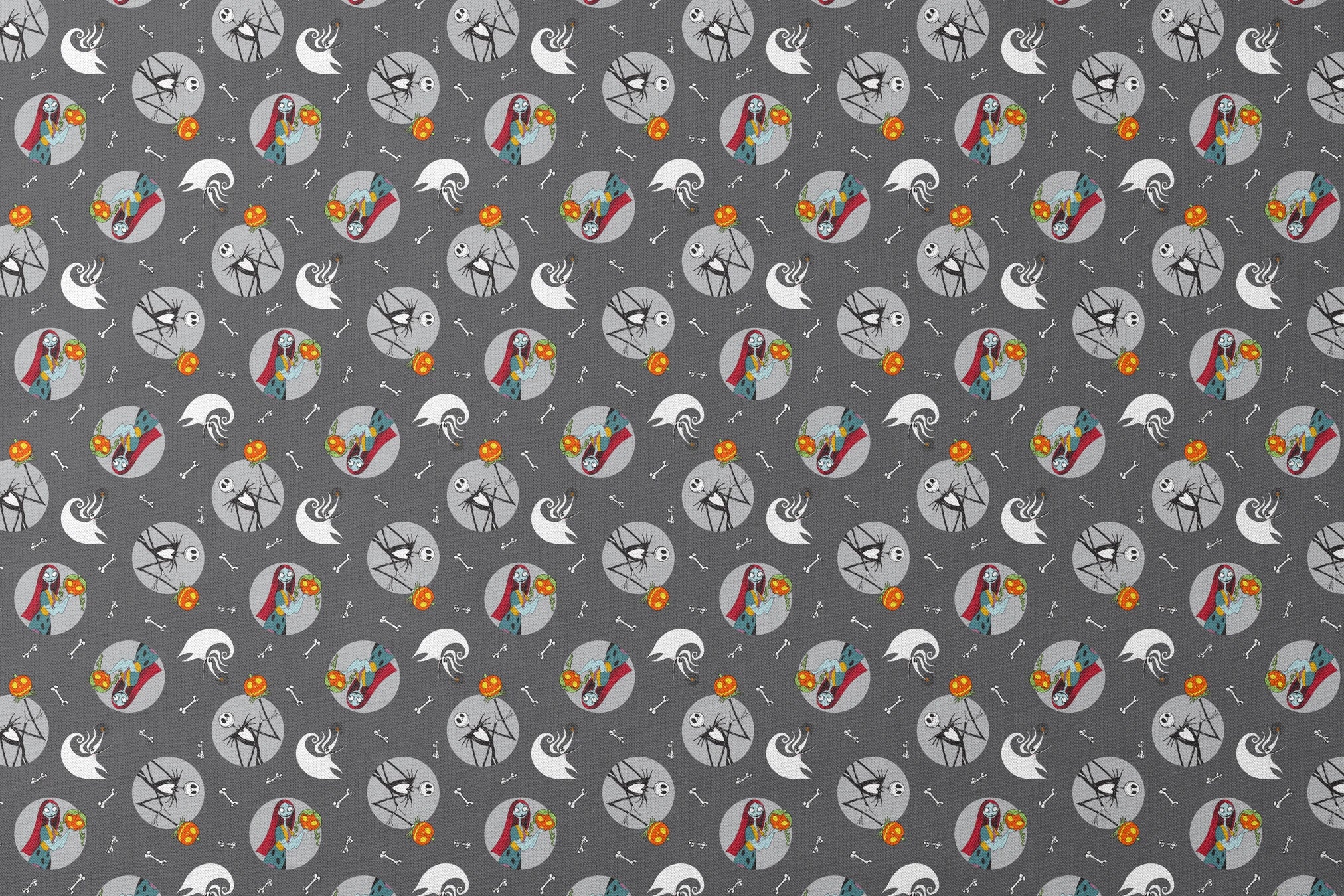 Nightmare Before Christmas themed pattern with Sally and Jack Skellington, pumpkins, bones, and ghostly designs on gray background designs flat mockup