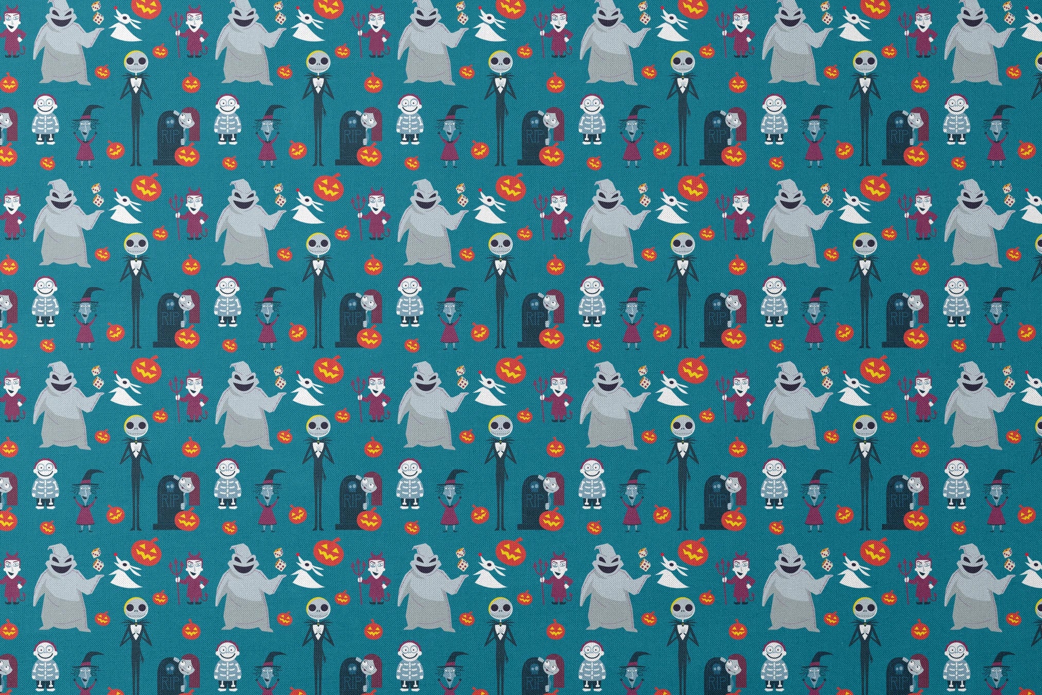 Halloween characters pattern with ghost, skeleton, witch, and pumpkins on teal background in cartoon style designs flat mockup