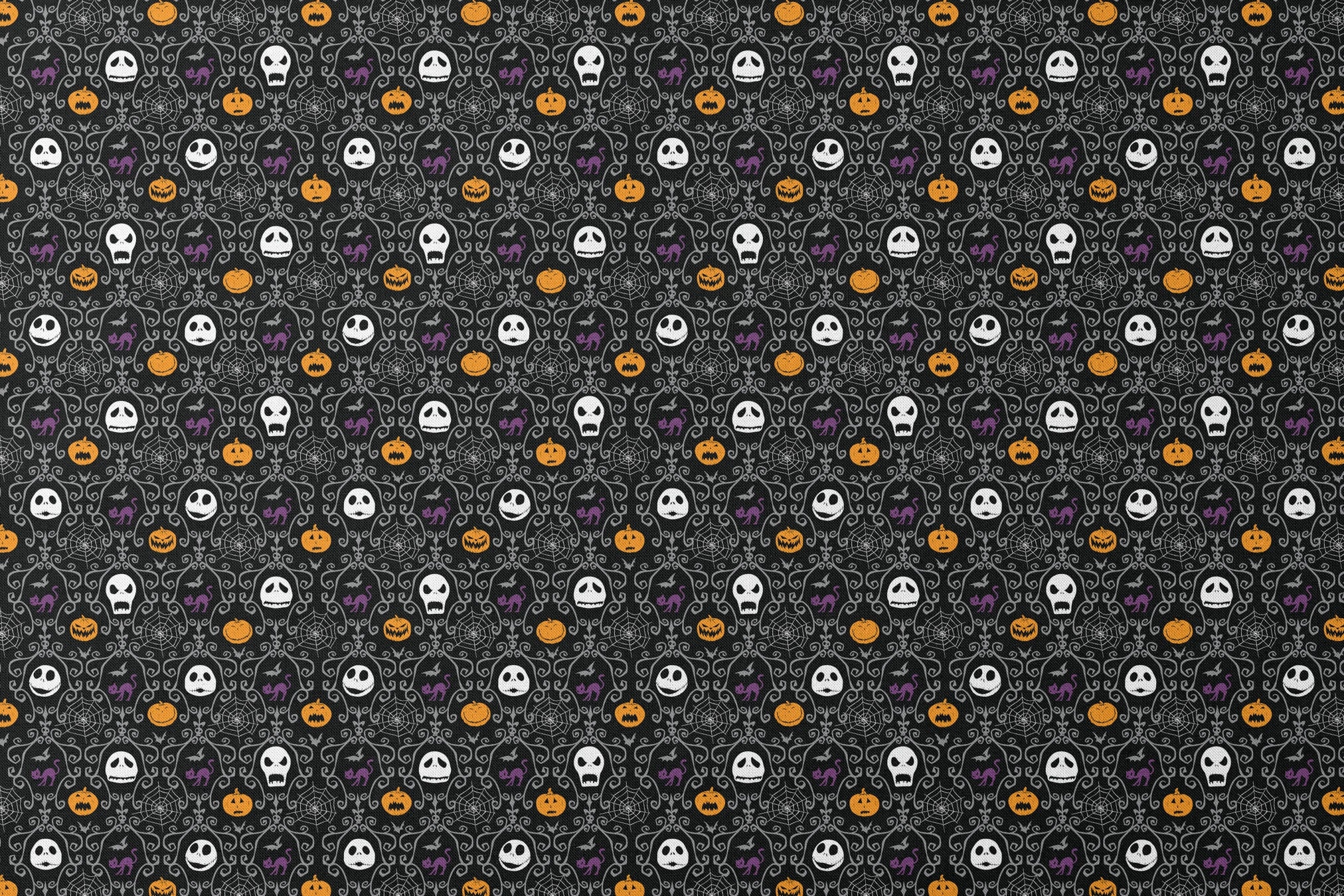 Nightmare Before Christmas pattern with skulls, pumpkins, bats and ornate swirls on black background designs flat mockup
