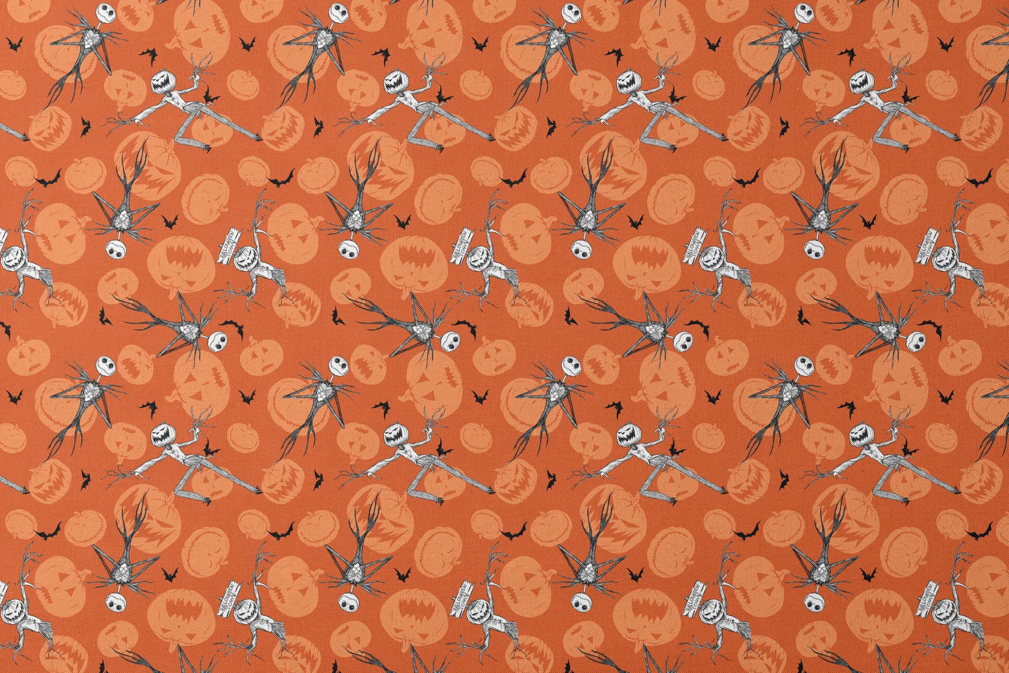 Nightmare Before Christmas pattern with Jack Skellington, bats, and jack-o'-lantern silhouettes on orange background designs flat mockup