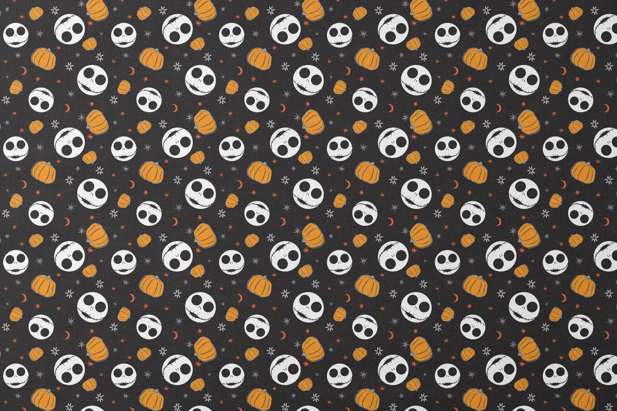 Halloween pattern with Nightmare Before Christmas characters, orange pumpkins, stars and crescent moons on black background designs flat mockup