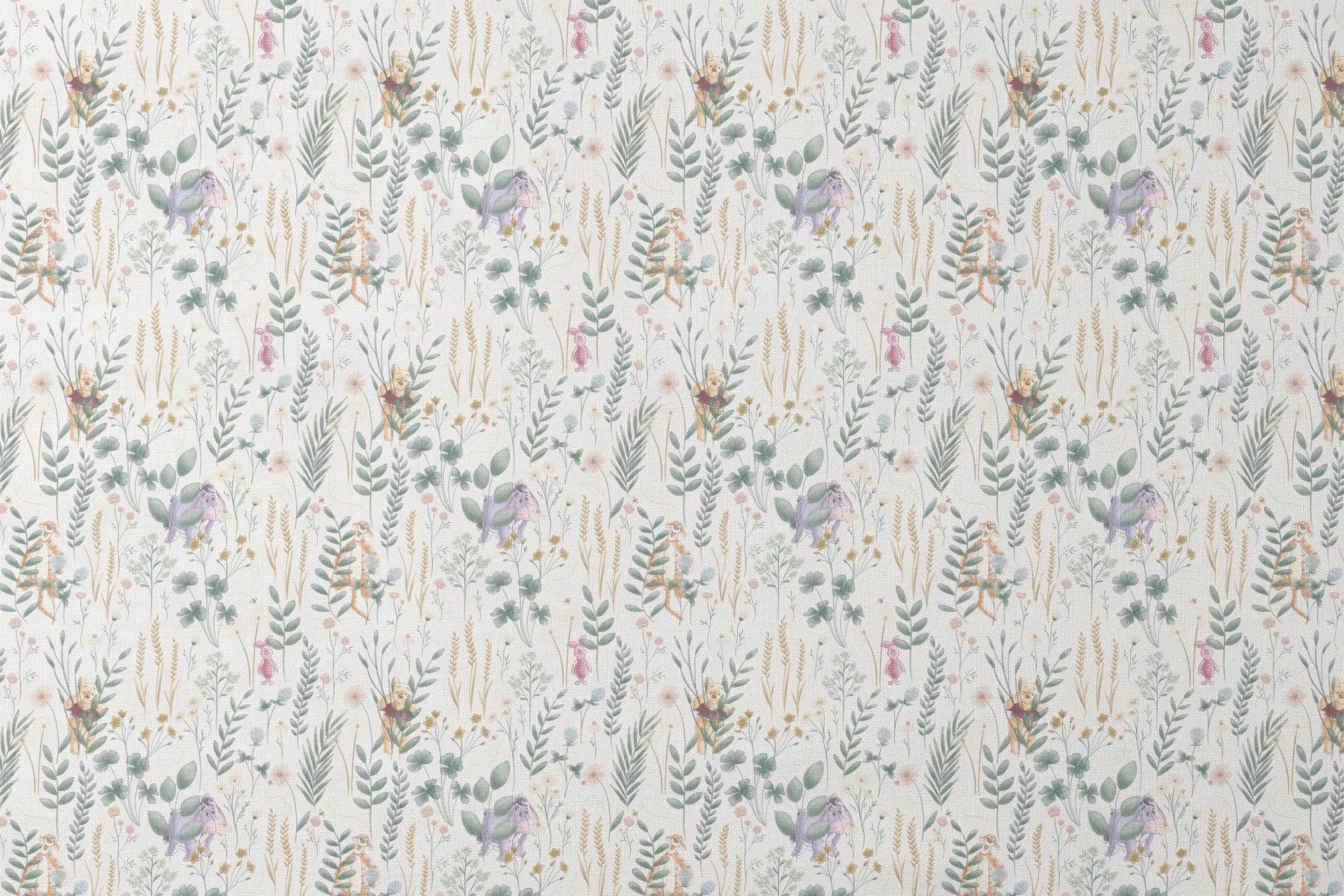 Whimsical botanical pattern with colorful teddy bears and creatures among green plants and flowers designs flat mockup