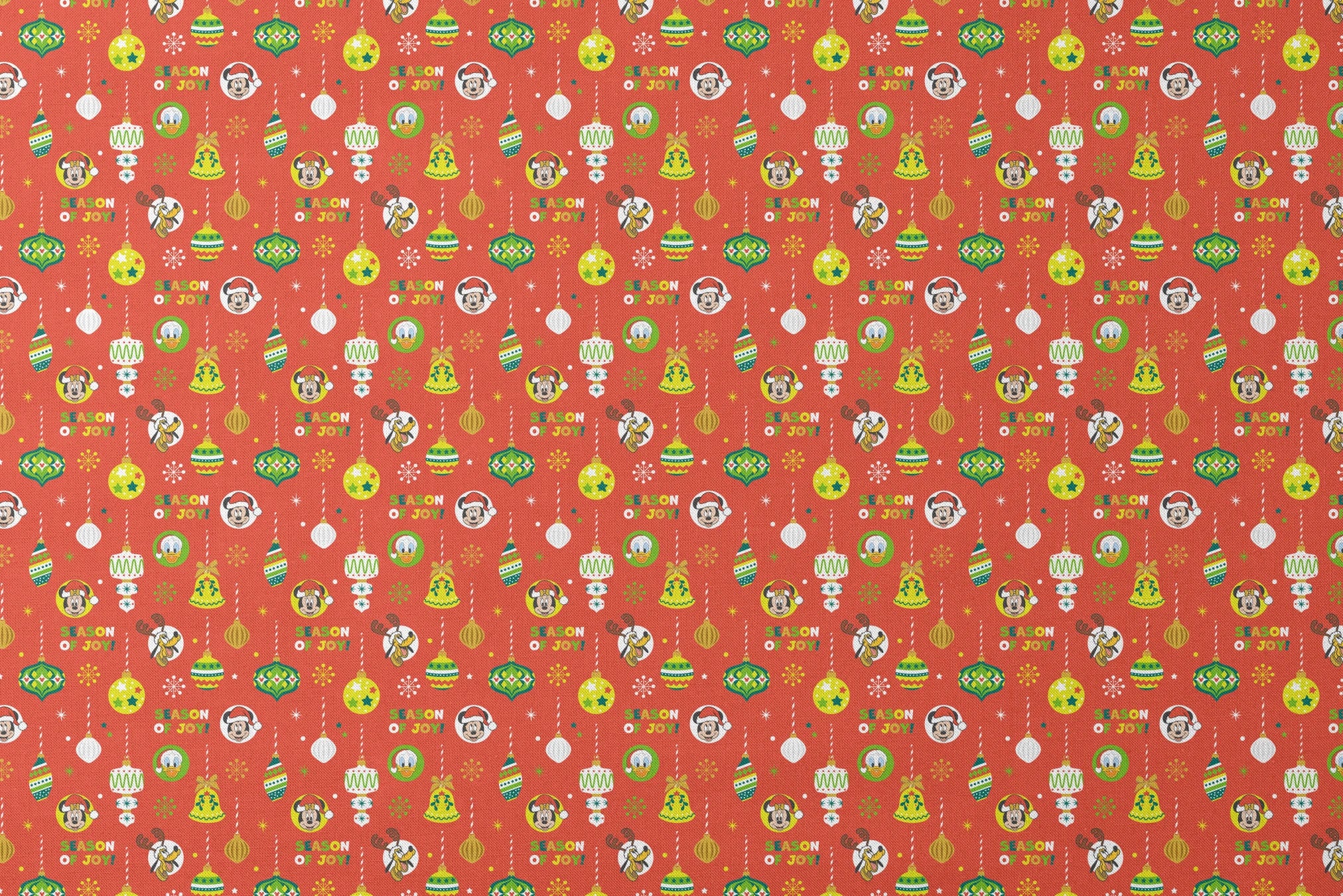 Christmas ornament pattern with colorful baubles, bells, snowflakes and Mickey Mouse characters on bright red background designs flat mockup