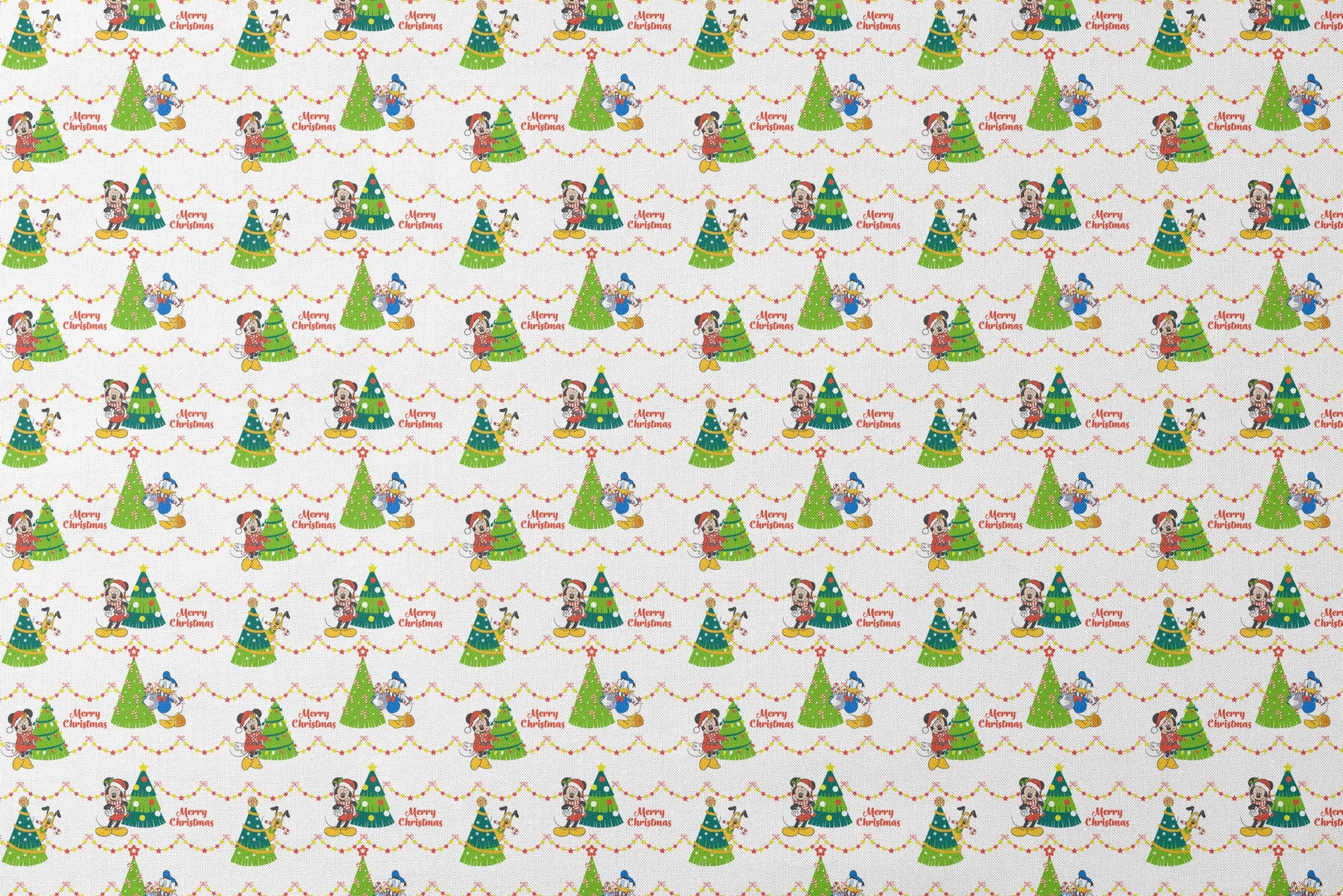 Disney Christmas pattern with Mickey, Minnie, and Donald beside decorated trees with star garland borders designs flat mockup