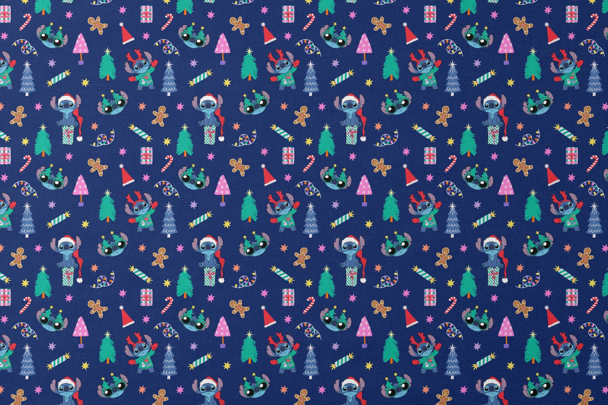 Festive Christmas pattern with Stitch, trees, candy canes, presents, and gingerbread men on navy background designs flat mockup
