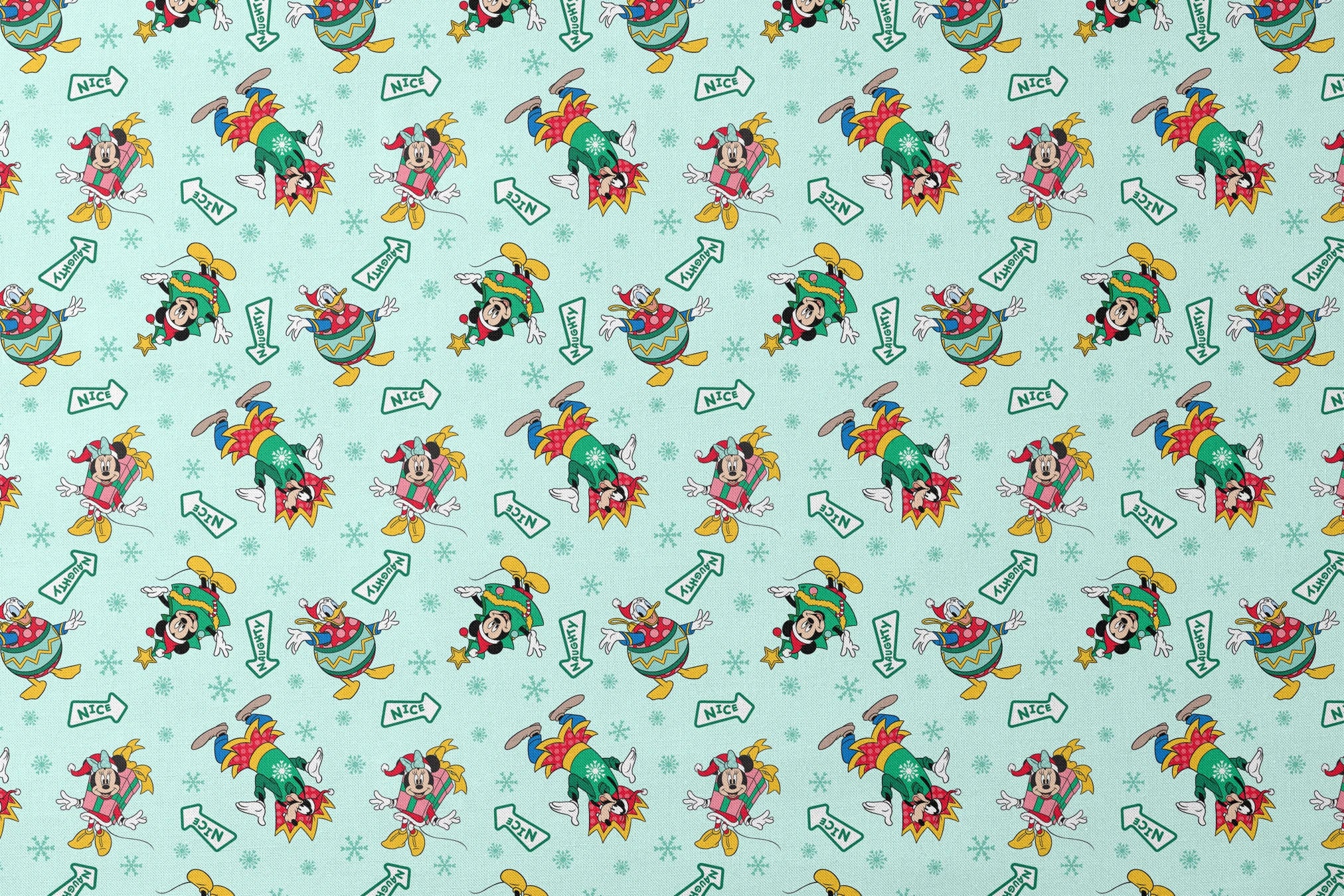 Disney character pattern with Minnie and Mickey in festive holiday outfits on light blue background with snowflakes and "Nice" signs. designs flat mockup