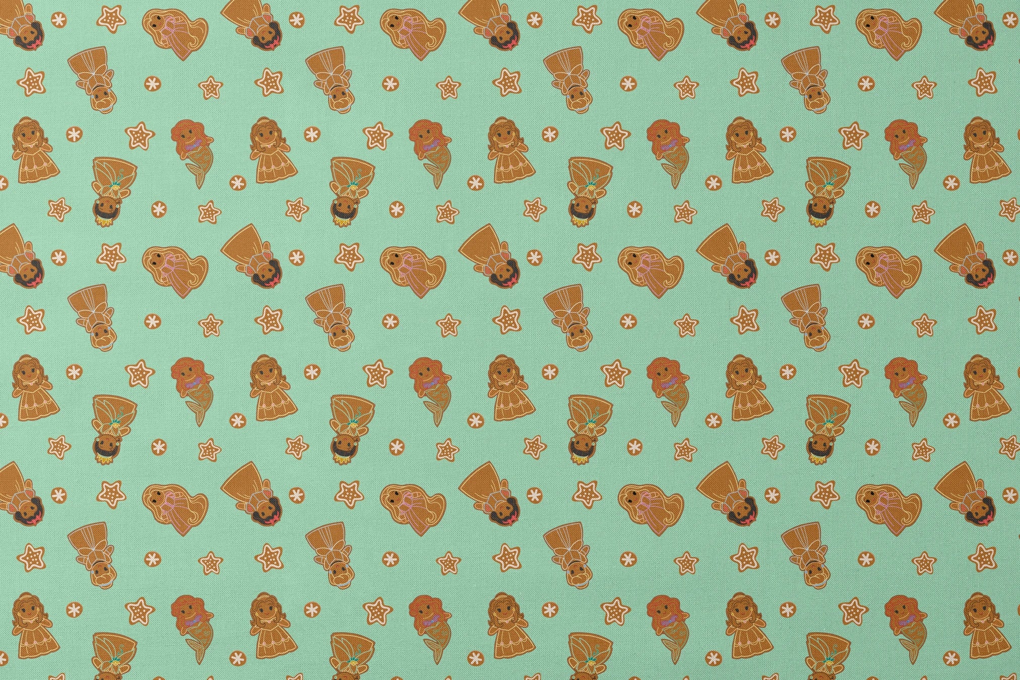 Disney Princess gingerbread cookies with star and snowflake designs on mint green background designs flat mockup