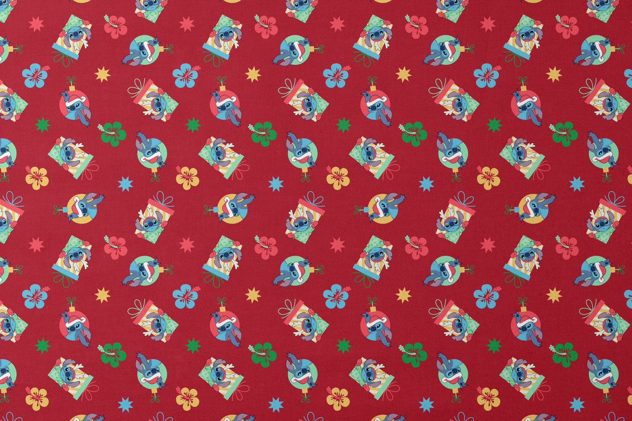 Disney Stitch pattern on red background with flowers and decorative elements designs flat mockup