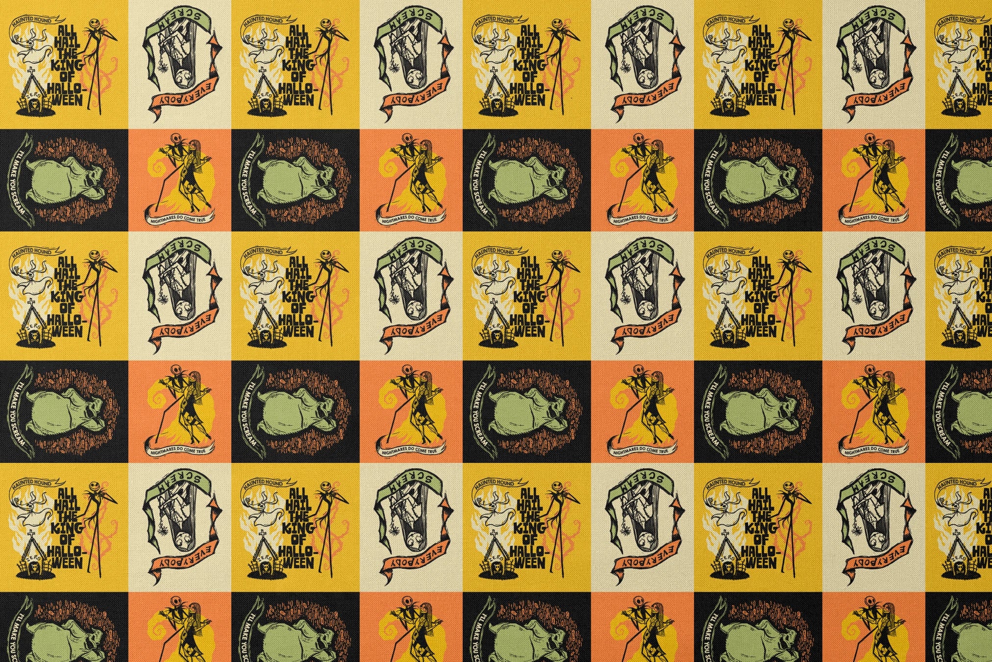 Four stylized Nightmare Before Christmas illustrations in a grid with yellow, green, and orange backgrounds featuring a haunted house and gothic imagery. designs flat mockup