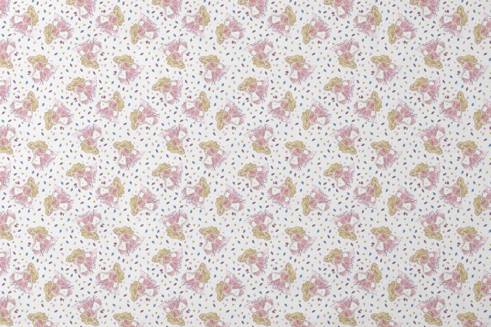 Pattern of Sleeping Beauty, surrounded by colorful diamond shapes on white background designs flat mockup
