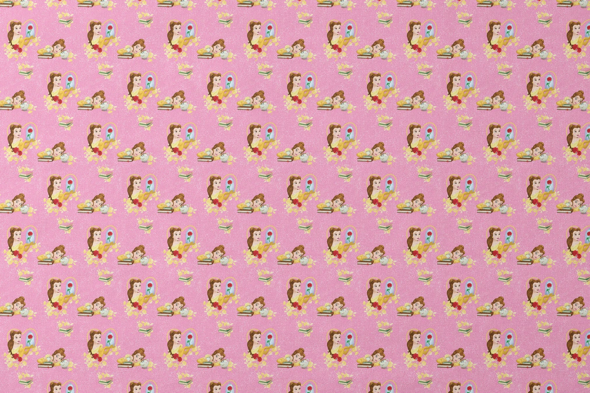 Repeating pattern of Disney's Belle character with enchanted rose and books on pink sparkly background designs flat mockup