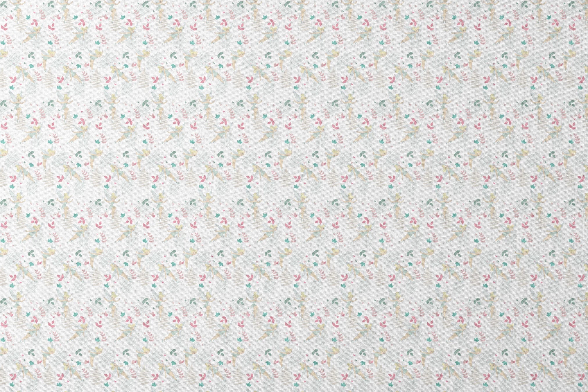 Whimsical pattern with Tinker Bell, white ferns, pink and teal foliage on light background designs flat mockup