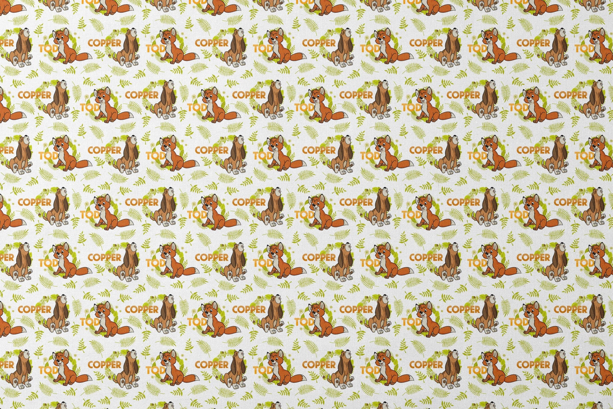 Fox and the Hound pattern with name "COPPER" and green fern background design designs flat mockup