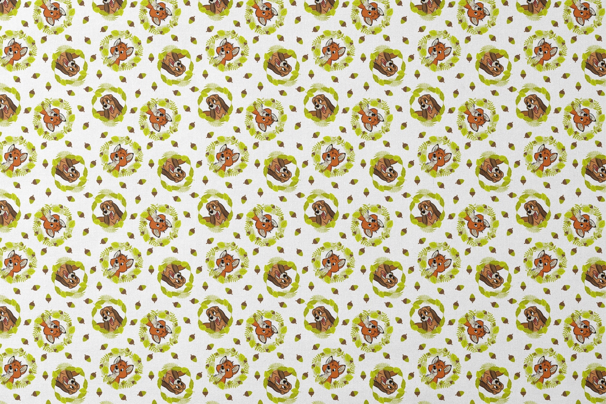 Fox and the Hound characters in green leafy wreaths with scattered acorns on white background designs flat mockup