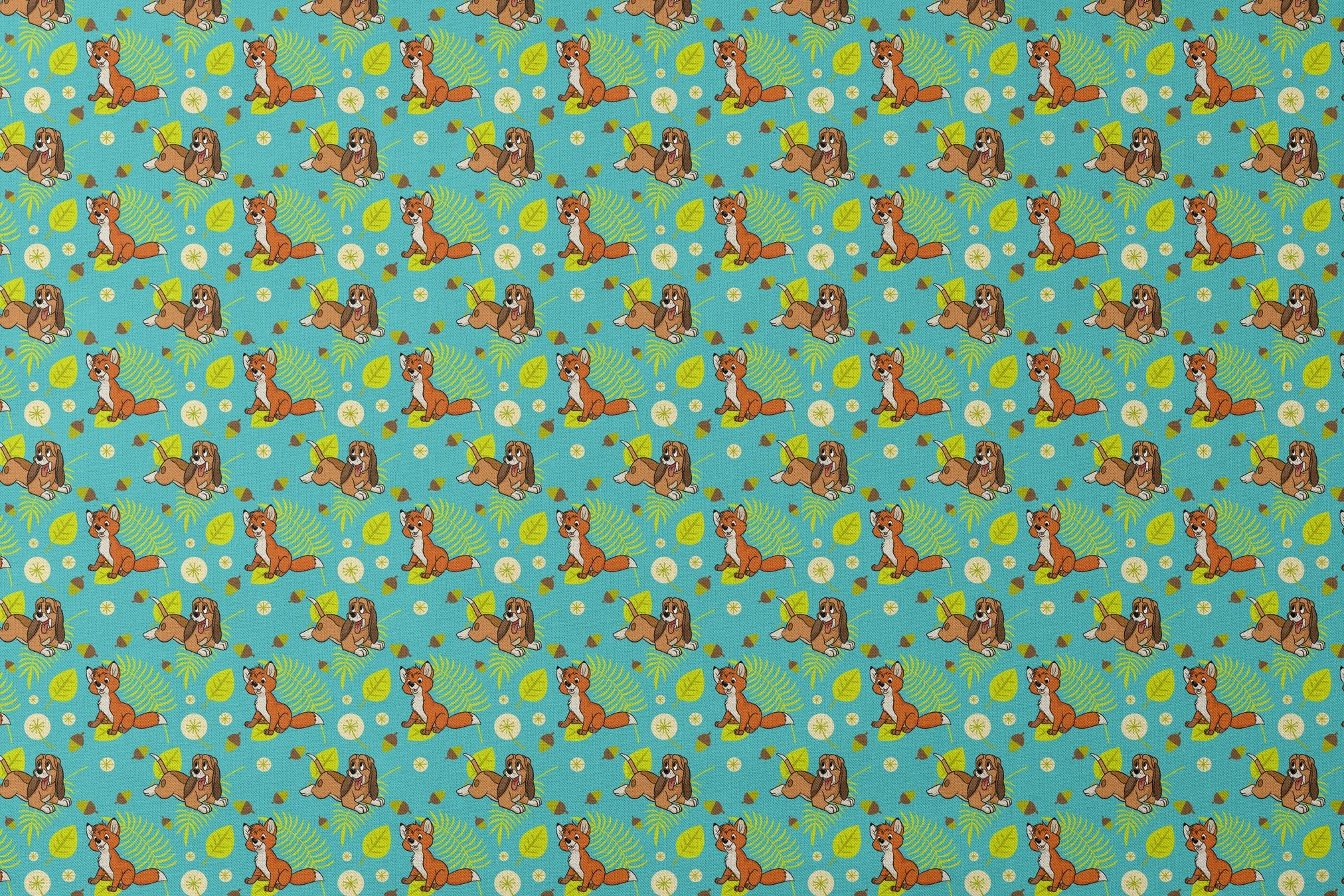 The Fox and the Hound characters on turquoise background with yellow leaves and acorns designs flat mockup