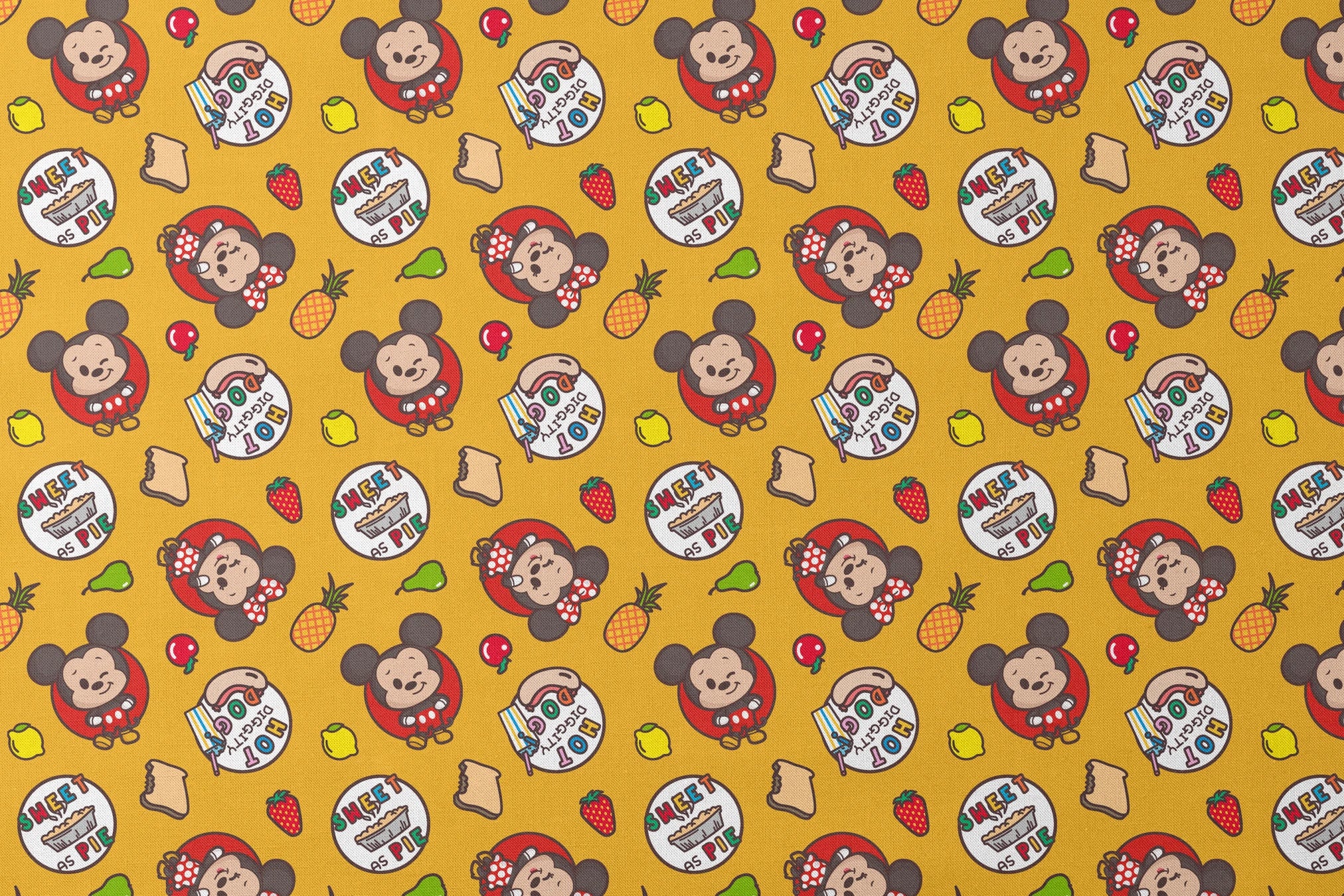 Mickey & Minnie Mouse with round badges on yellow background with fruit icons and toast patterns designs flat mockup