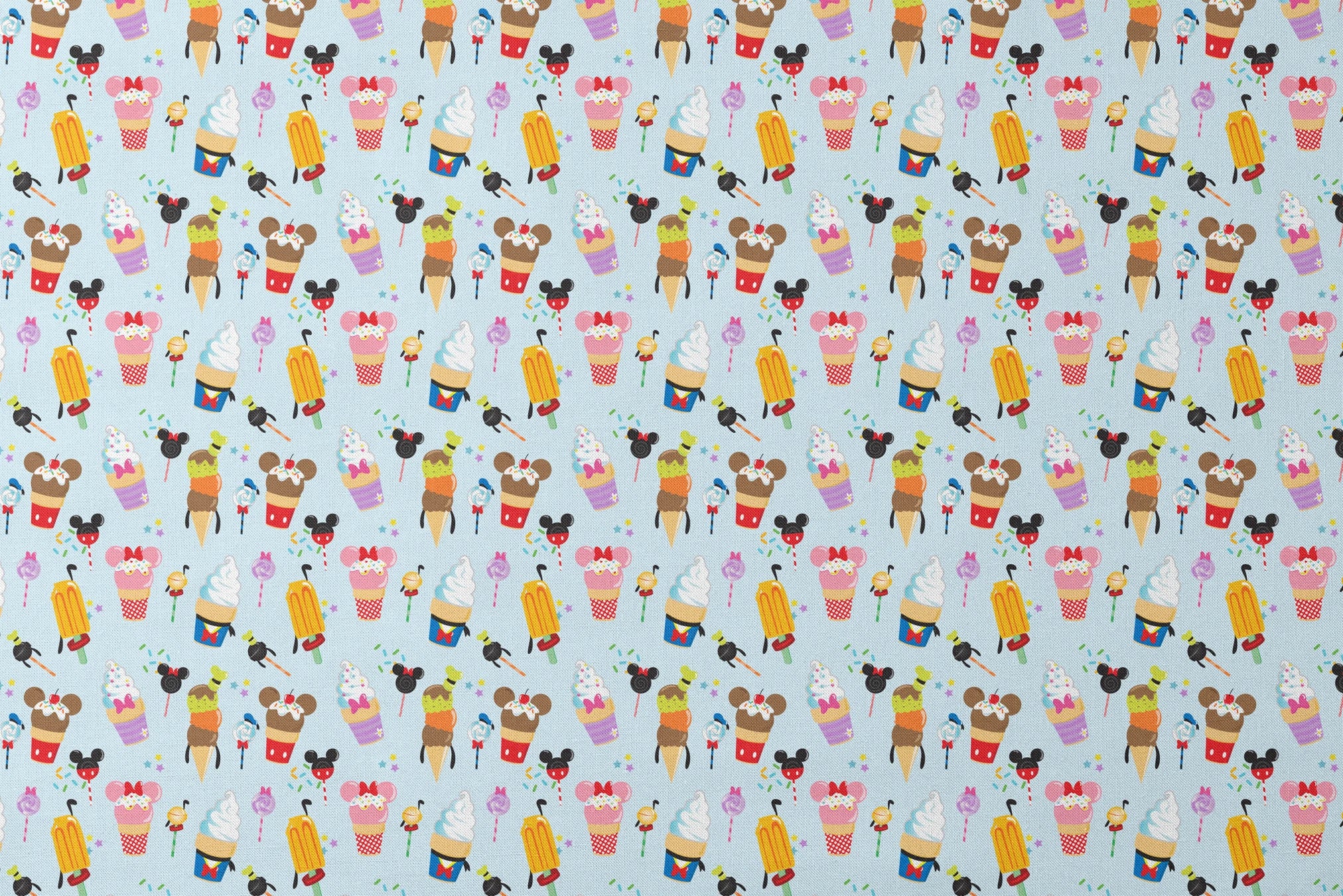 Disney-themed ice cream and sweet treats pattern with Mickey and Minnie icons on light blue background designs flat mockup