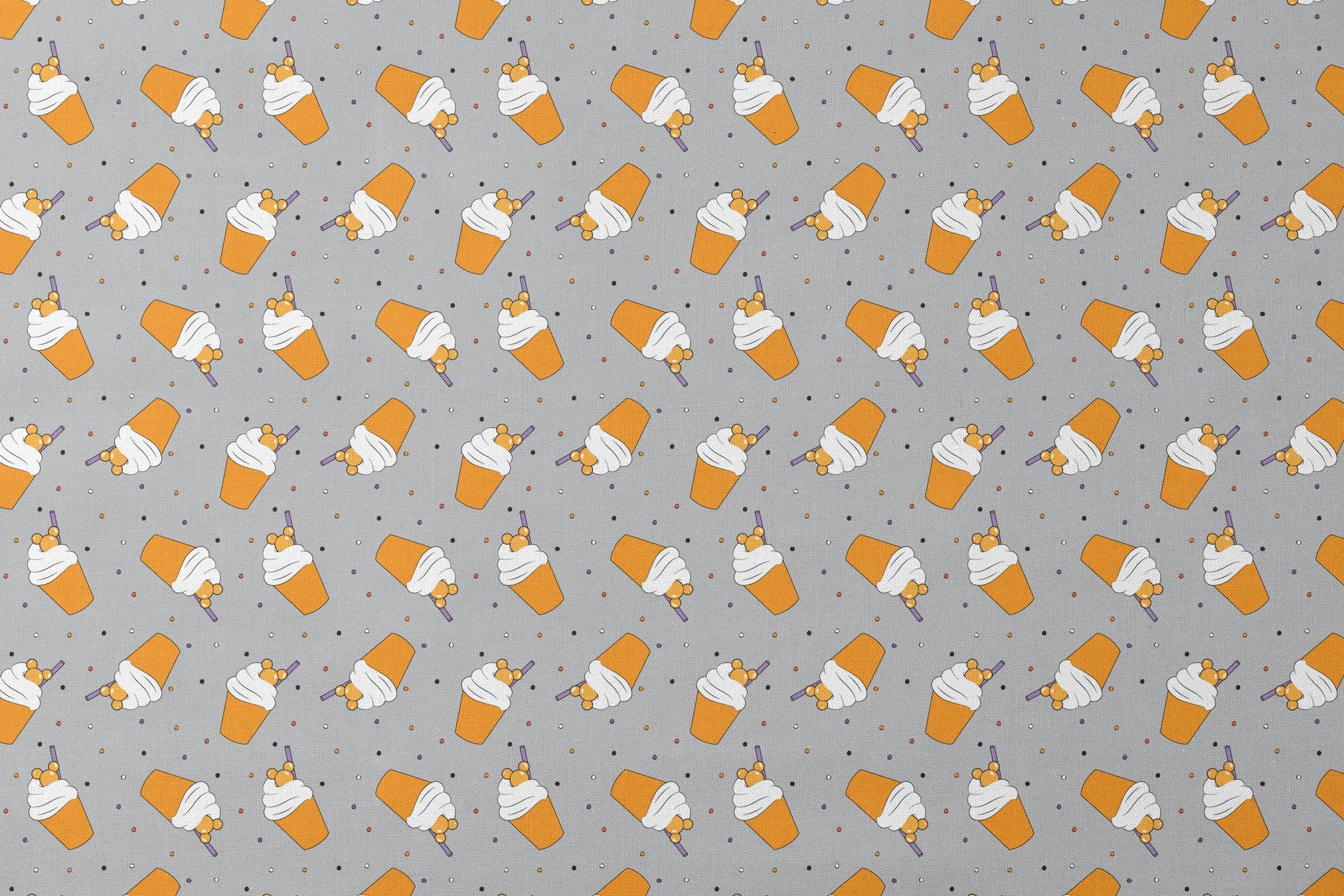 Orange Disney-inspired drinks with whipped cream and purple straws on gray background with colorful dots designs flat mockup