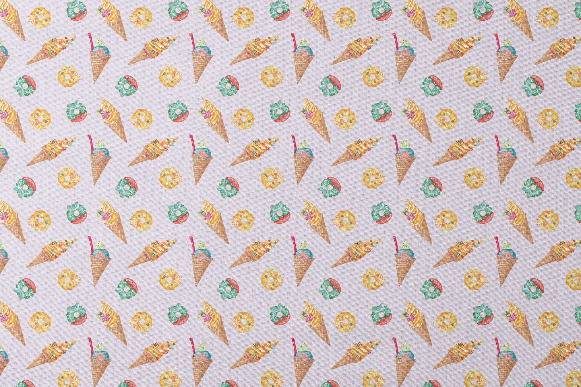 Colorful Disney Princess-inspired ice cream cones and donuts in pastel colors on light purple background designs flat mockup
