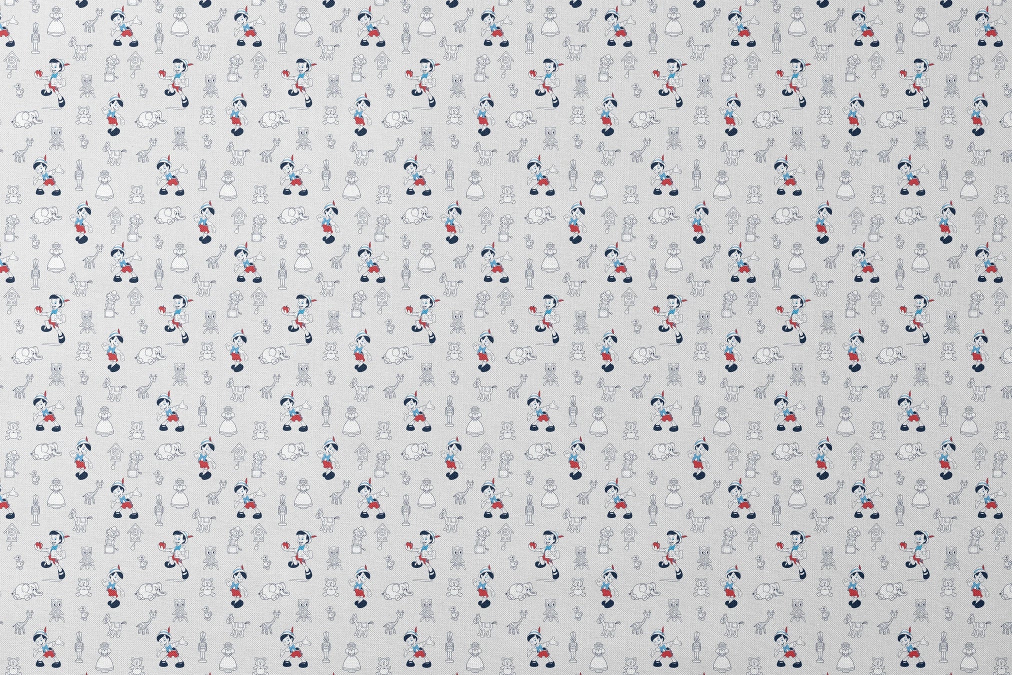 Pattern of vintage cartoon characters including Pinocchio and assorted animals on a light background with red and blue accents designs flat mockup