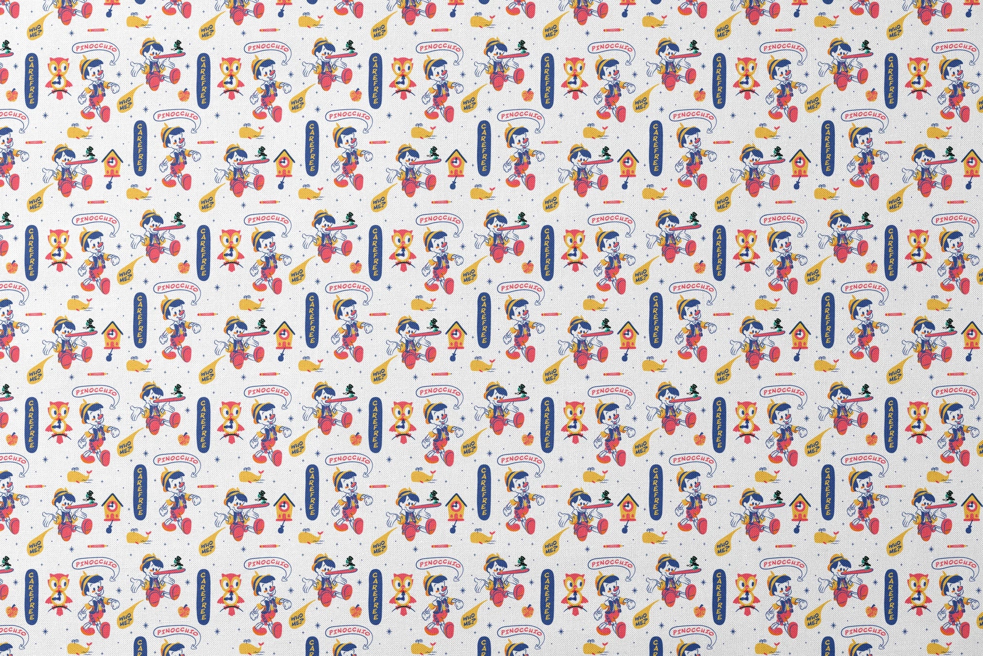 Colorful cartoon pattern featuring Pinocchio characters, whales, and text elements on white background designs flat mockup