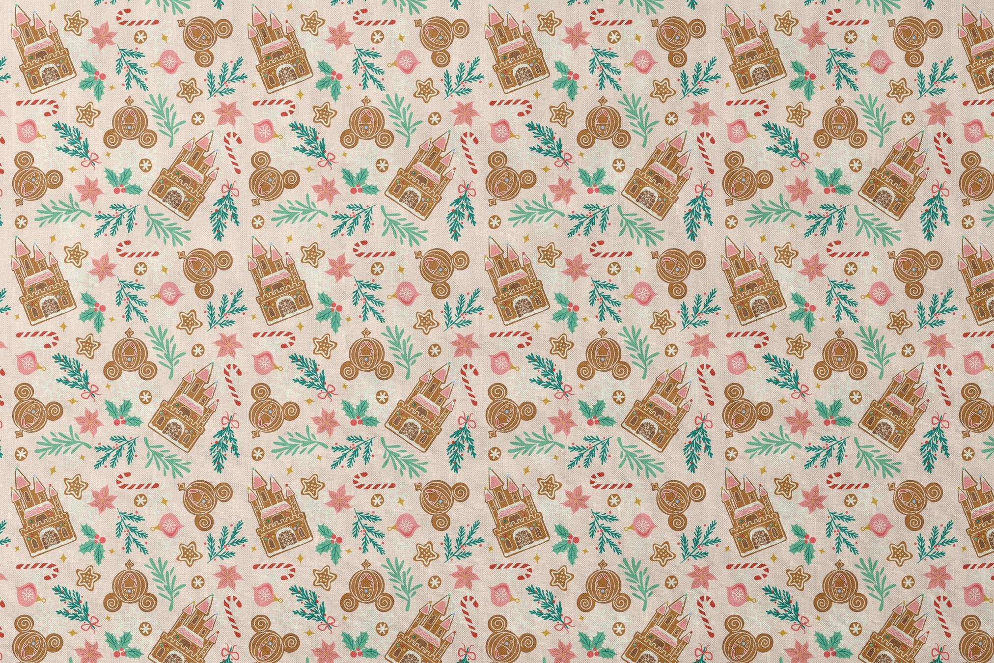 Disney Christmas pattern with gingerbread castles, carriages, candy canes, stars, and pine sprigs in holiday colors designs flat mockup