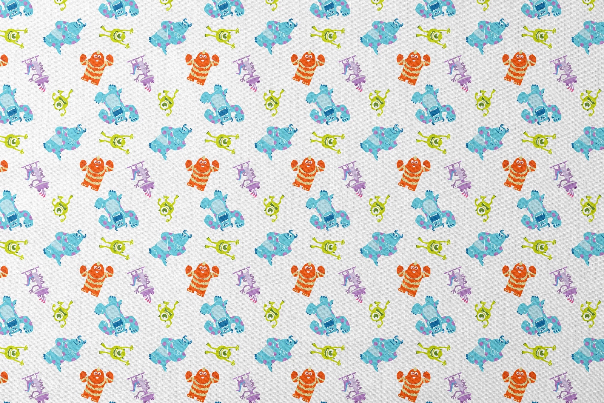 Cartoon monsters pattern with colorful characters - blue, green, purple and orange creatures on white background designs flat mockup