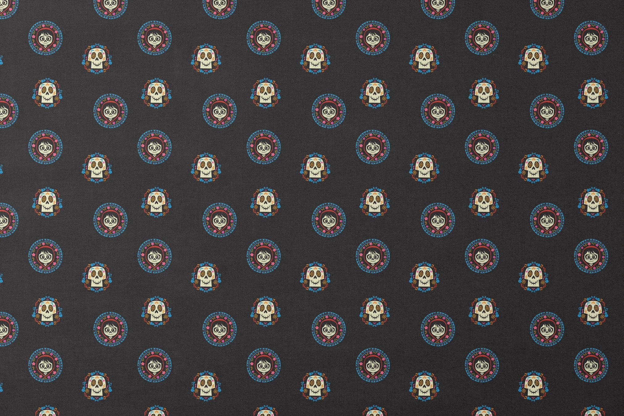 Colorful Coco sugar skull pattern with decorative circular borders on black background designs flat mockup
