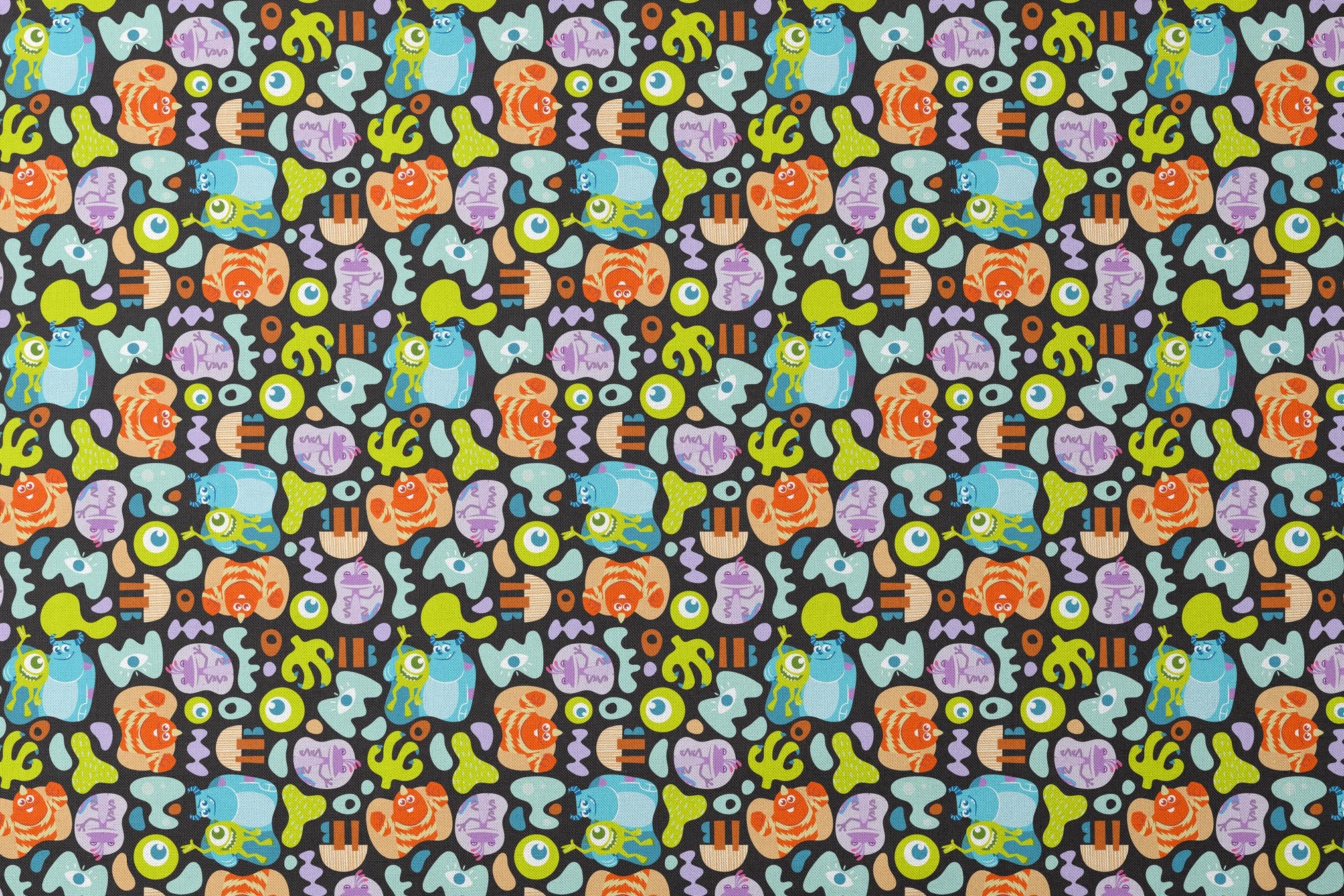 Colorful Monsters Inc pattern with Mike, Sulley and other characters on black background designs flat mockup
