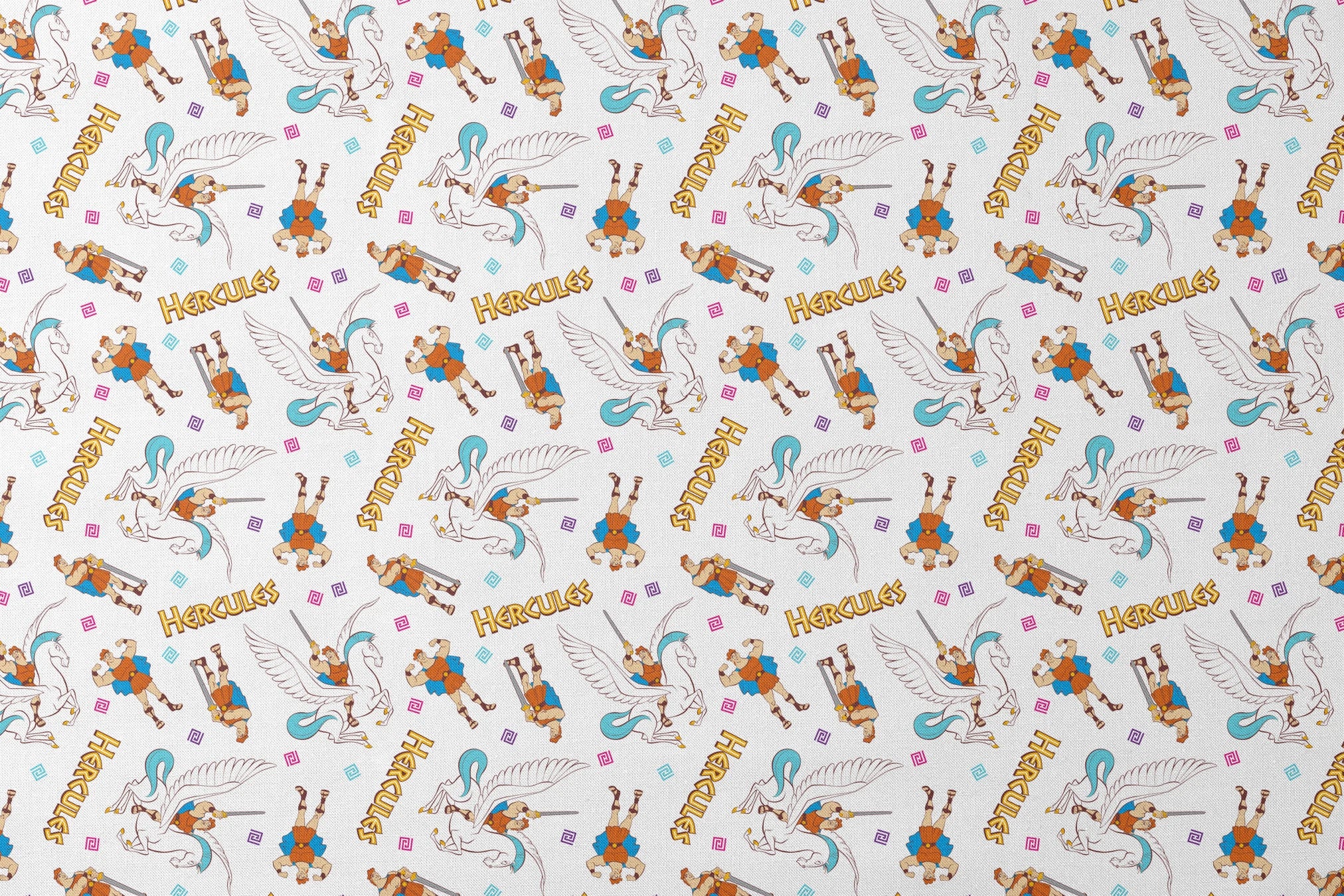 Cartoon pattern of Hercules characters with Pegasus, swords, and "HERCULES" text on white background designs flat mockup