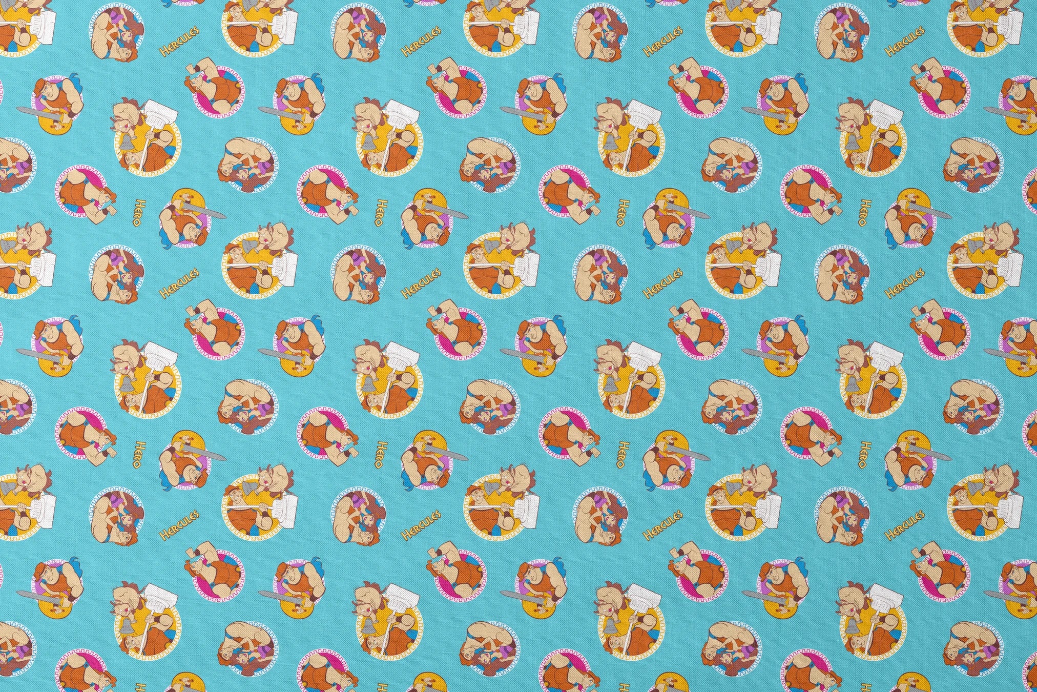 Cartoon characters from Hercules arranged in circular patterns on light blue background designs flat mockup