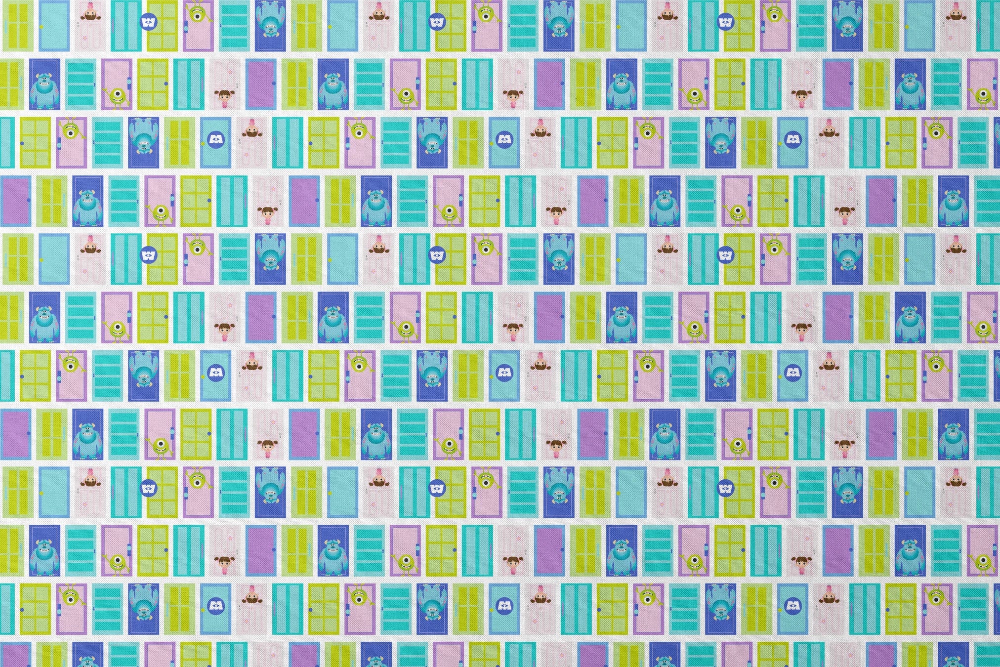 Colorful cartoon monster doors pattern inspired by Monsters Inc. with teal, purple, and green doors designs flat mockup