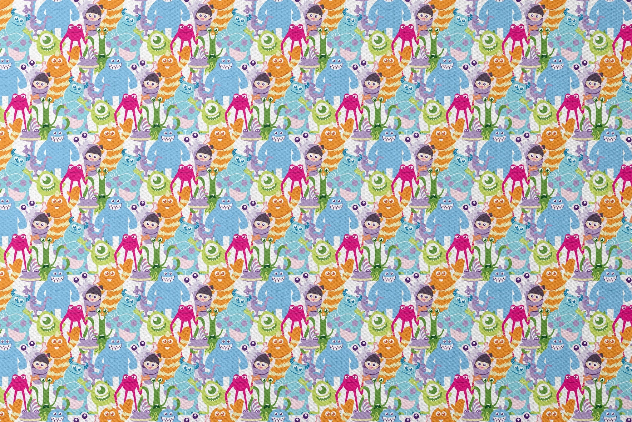 Colorful Monsters Inc pattern with various shapes, sizes and bright colors like blue, pink, orange and green. designs flat mockup