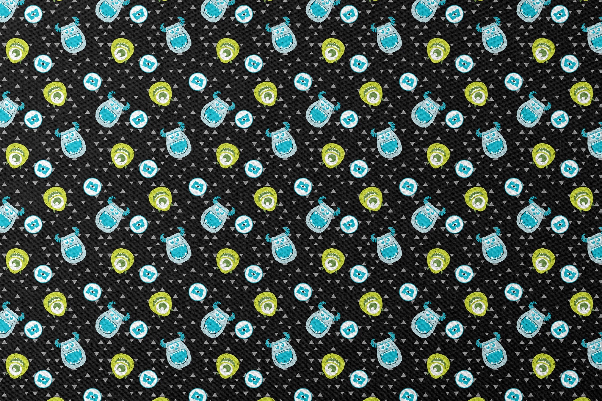 Monsters Inc pattern with Mike and Sulley on black background with gray triangles designs flat mockup