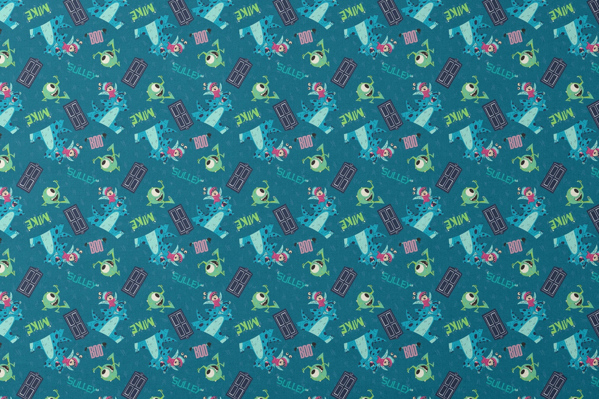 Monsters Inc pattern with Mike, Sulley, Boo characters, and doors on teal background designs flat mockup
